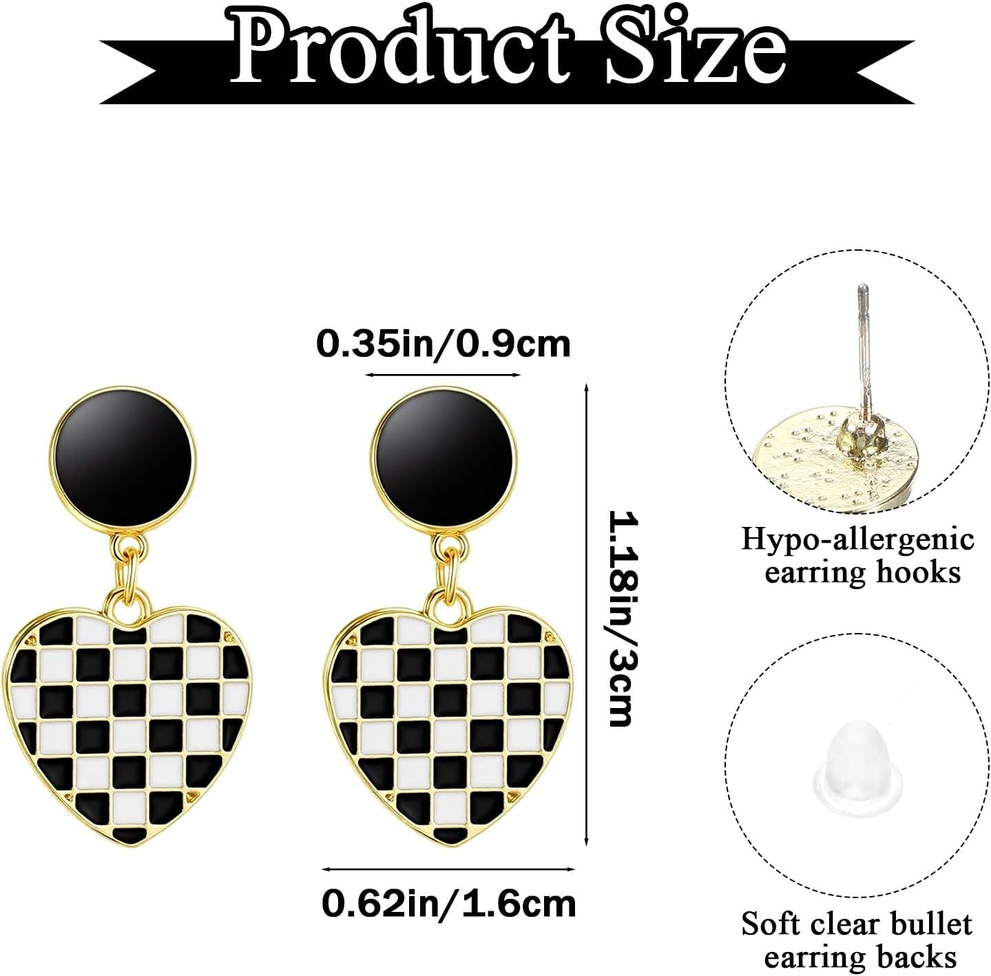 Racing Earrings, 1Pair Heart-Shaped Checkered Earrings for Women for Racing Fans Race Day Gift (Black and White)
