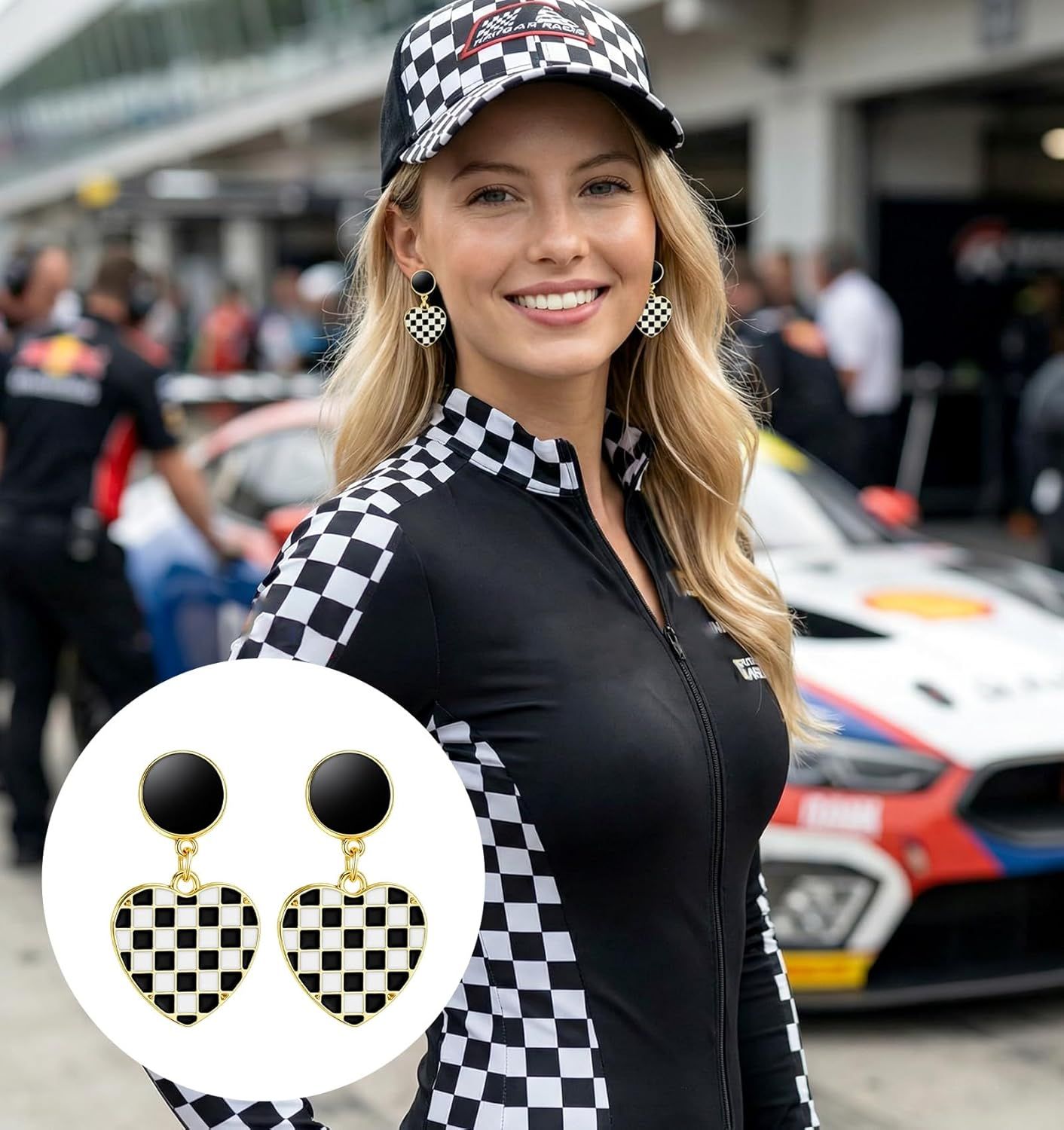 Racing Earrings, 1Pair Heart-Shaped Checkered Earrings for Women for Racing Fans Race Day Gift (Black and White)