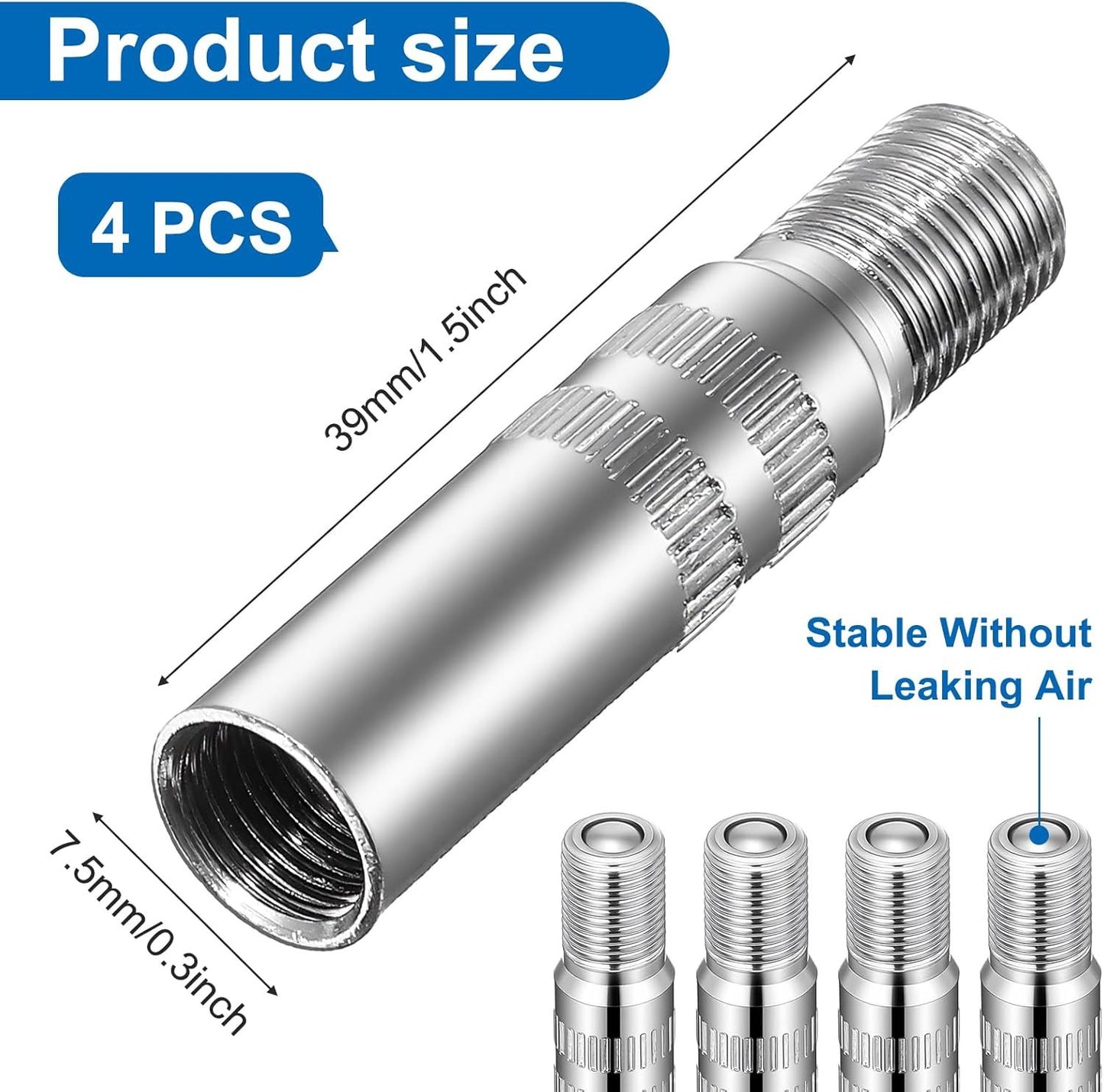 4Pcs Tire Valve Extender, Tire Valve Extension Adapter 39mm for Car & Motorcycle, Silver (Heavy Duty, Leak Proof Design)