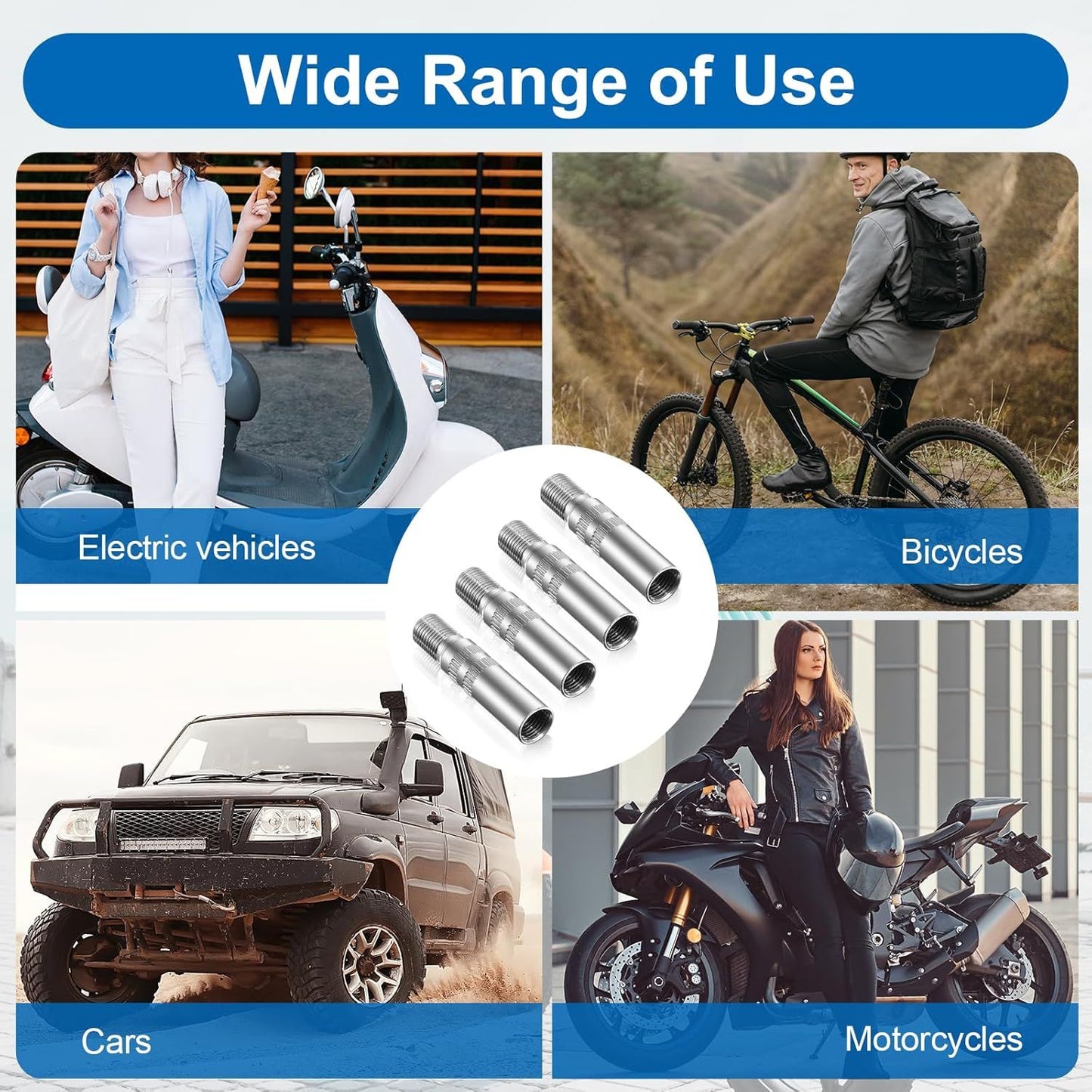 4Pcs Tire Valve Extender, Tire Valve Extension Adapter 39mm for Car & Motorcycle, Silver (Heavy Duty, Leak Proof Design)