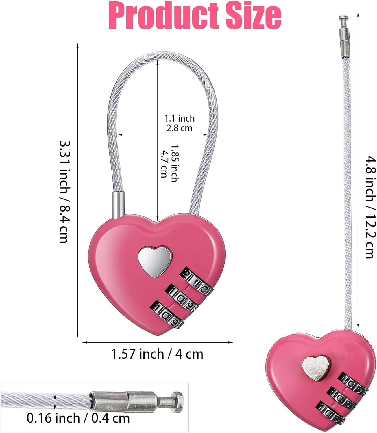 Pink Locker Lock, 3Pcs Heart Shaped Lock, Heart Locks for Suitcase & Locker (3 Colors)