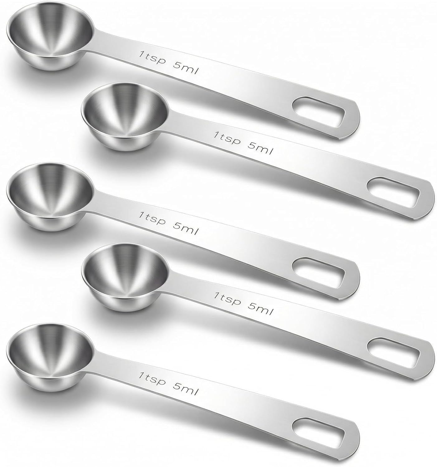 5PCS Teaspoon Measuring Spoon, 4.72 inch Stainless Steel 1 Tsp Measuring Spoon Set for Kitchen Ingredients (Silver, 5ml)
