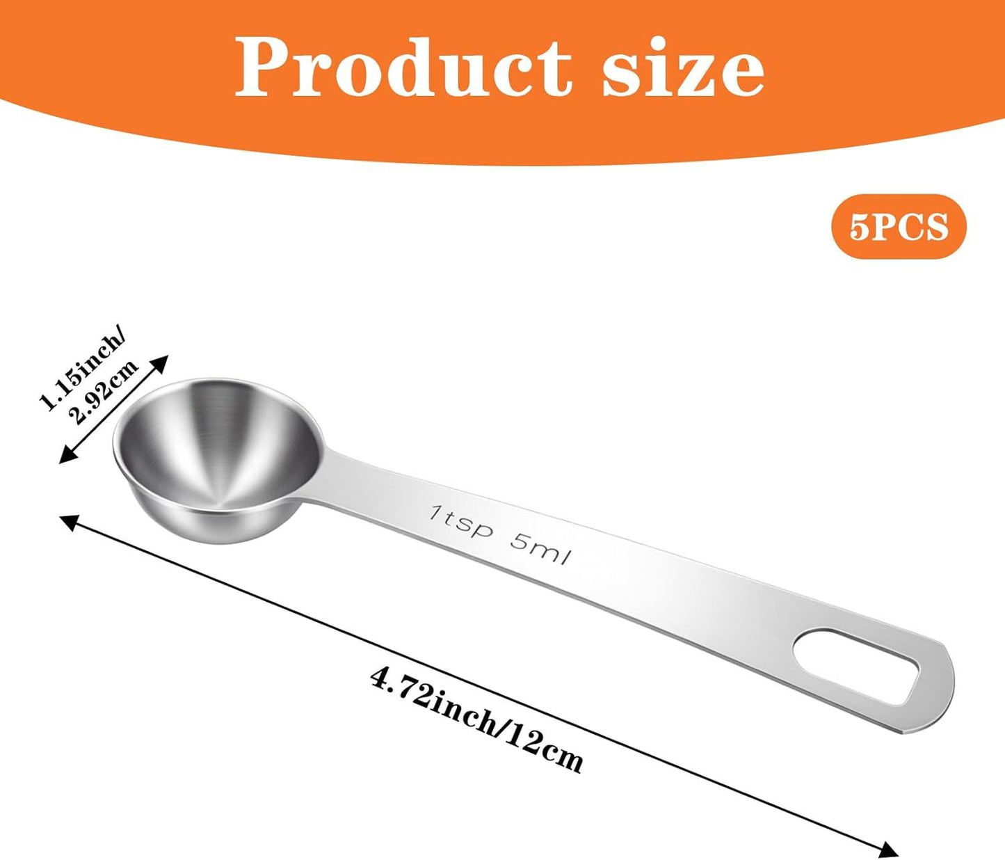 5PCS Teaspoon Measuring Spoon, 4.72 inch Stainless Steel 1 Tsp Measuring Spoon Set for Kitchen Ingredients (Silver, 5ml)