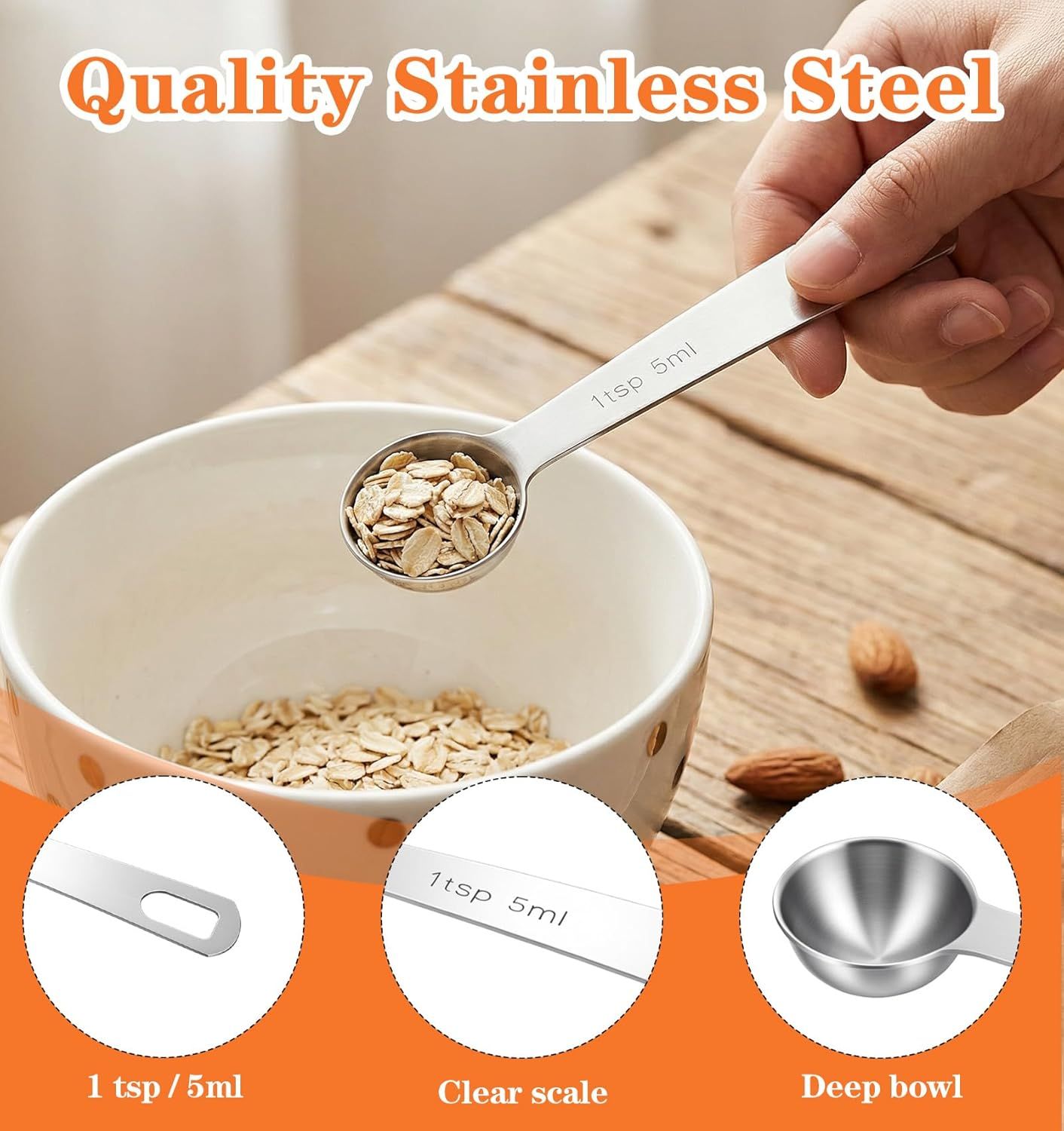 5PCS Teaspoon Measuring Spoon, 4.72 inch Stainless Steel 1 Tsp Measuring Spoon Set for Kitchen Ingredients (Silver, 5ml)