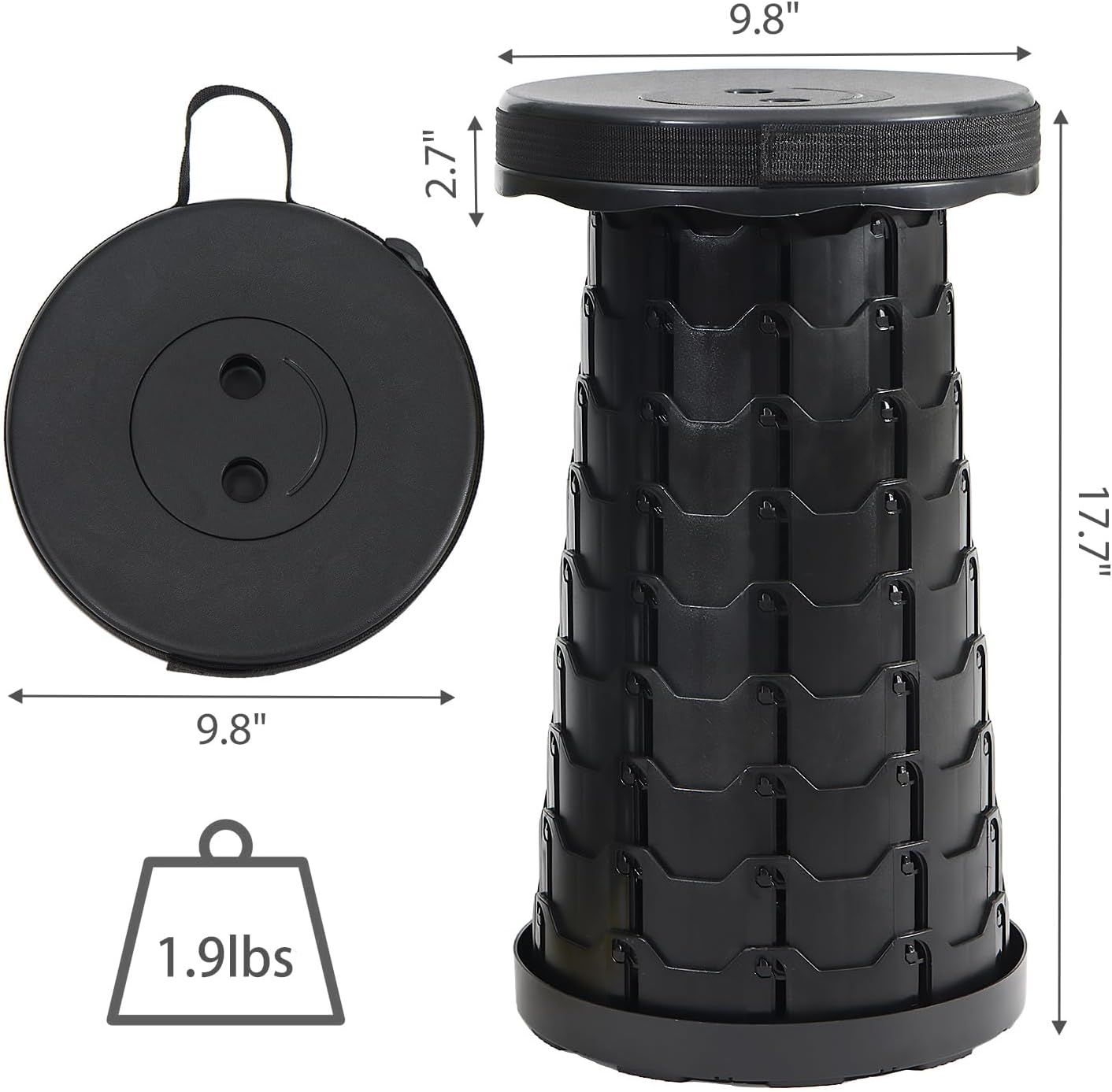 Portable Telescoping Foldable Stool - Lightweight, Outdoor Essential for Camping, Picnicking, Park Leisure, Fishing, Hiking & BBQ (Black)