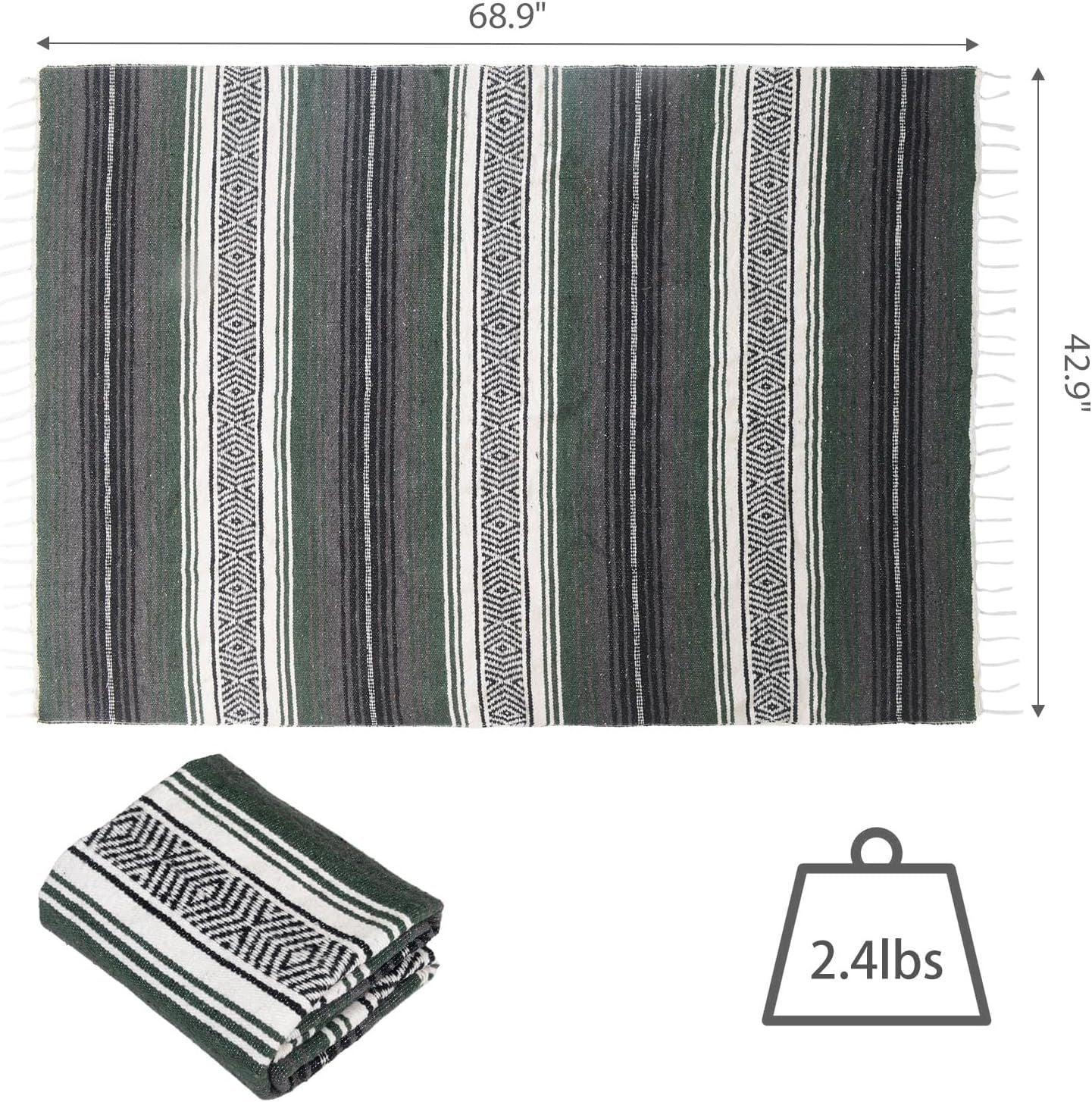 Handwoven Mexican Blanket - Lightweight Yoga, Beach, Camping & Picnic Blanket - Durable Blanket for Outdoor, Equestrian & Home Decor (Forest Green)