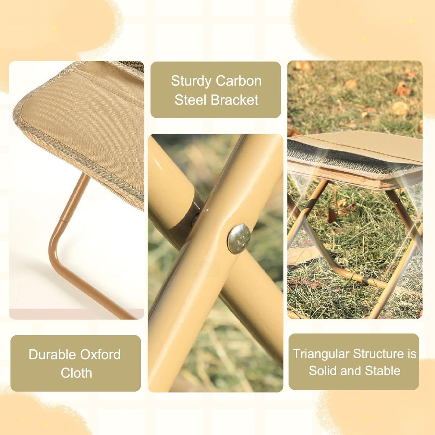 Collapsible Stool Folding Stool for Adults, Foldable Backpack Stool Portable Chair Heavy Duty Compact Travel Camping Stool with Storage Pocket, Portable Folding Seat for Fishing Hiking (Khaki, S)
