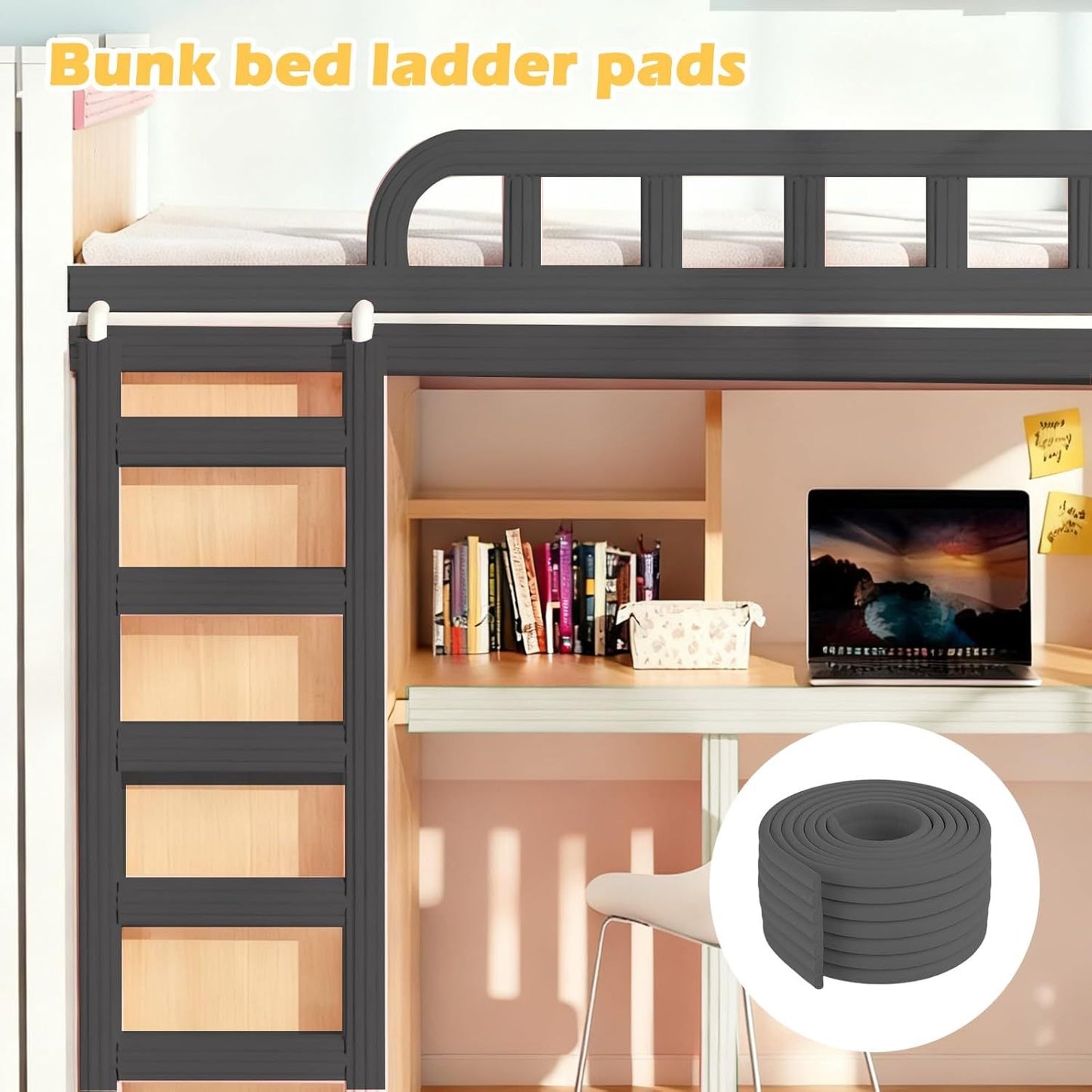 Soft Bunk Bed Ladder Pads with Cutter – Foam Step Padding & Ladder Cover for Kids’ Loft Beds, Dorm Ladders, Stairs & Edges, Easy-Cut Protective Pads for Comfortable Climbing and Home Safety (Black)
