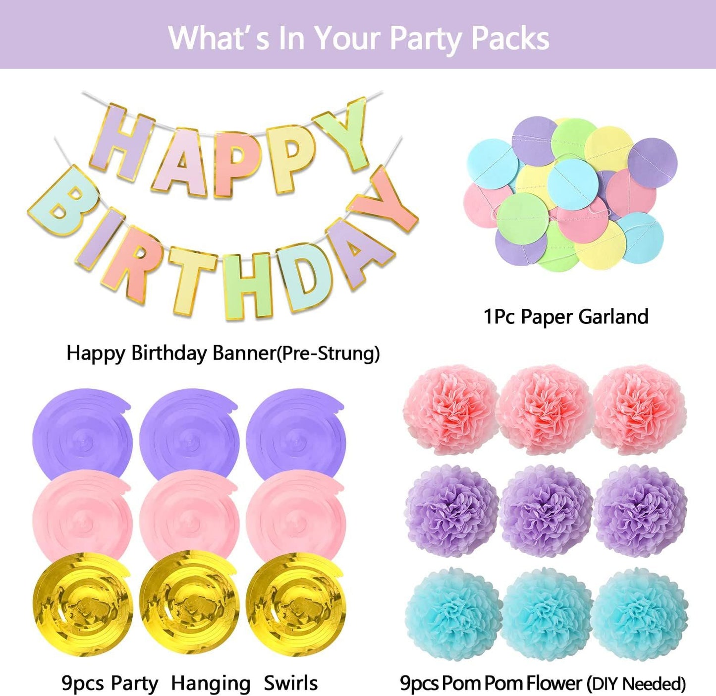 Macaron Birthday Decorations - 20-Pc Set with Pre-Strung Happy Birthday Banner, Tissue Paper, Garland, Swirls | Pastel Party Supplies for Women Girls Baby Shower, Adults Birthday Party Decor