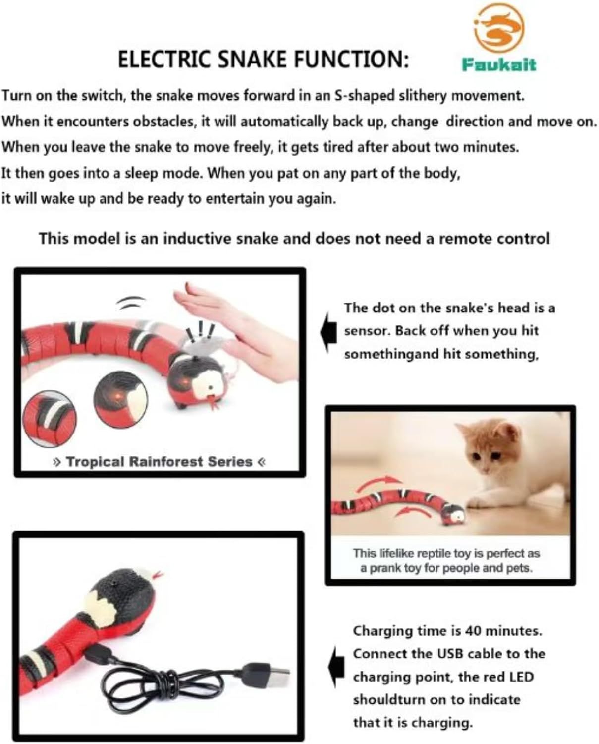 Cat Toys Snake Interactive,Kitten Toys,Realistic Smart Sensing Snake Toy,USB Rechargeable,Automatically Sense Obstacles and Escape,Electric Tricky Snake Cat Toys for Indoor Cats Dogs(Pink snake)