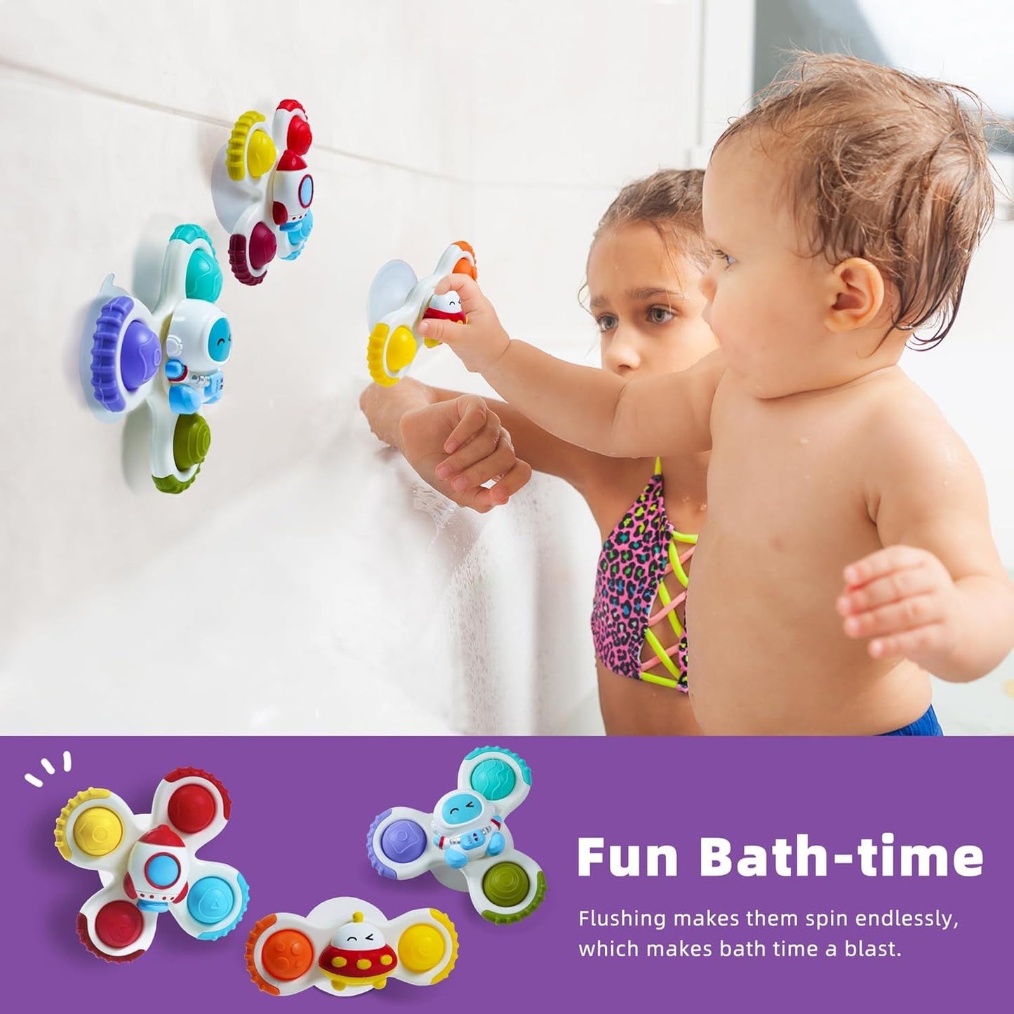 Strong Suction Cup Fidget Rotating Sensory Bath Toys for Baby Christmas Stocking Stuffers, Airplane Car Travel Table & Window Toys for Toddler Boys and Girls, 10+ Months