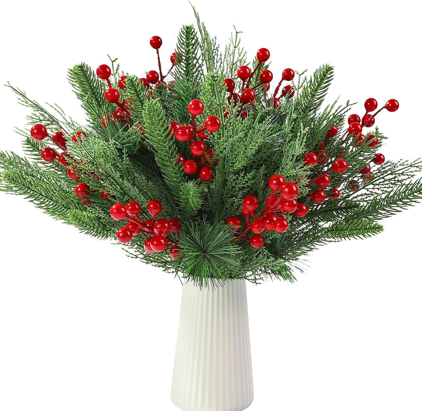 60 PCS Artificial Pine Branches Christmas Faux Pine Greenery Stems Red Holly Berries Fake Cedar Pine Needles Picks for Christmas Tree Wreath Garland  Holiday Home Decoration