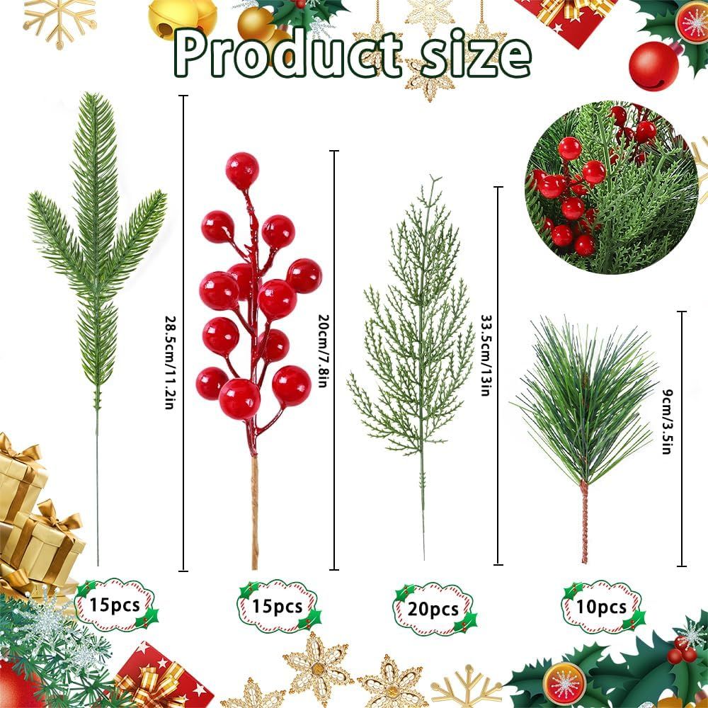 60 PCS Artificial Pine Branches Christmas Faux Pine Greenery Stems Red Holly Berries Fake Cedar Pine Needles Picks for Christmas Tree Wreath Garland  Holiday Home Decoration