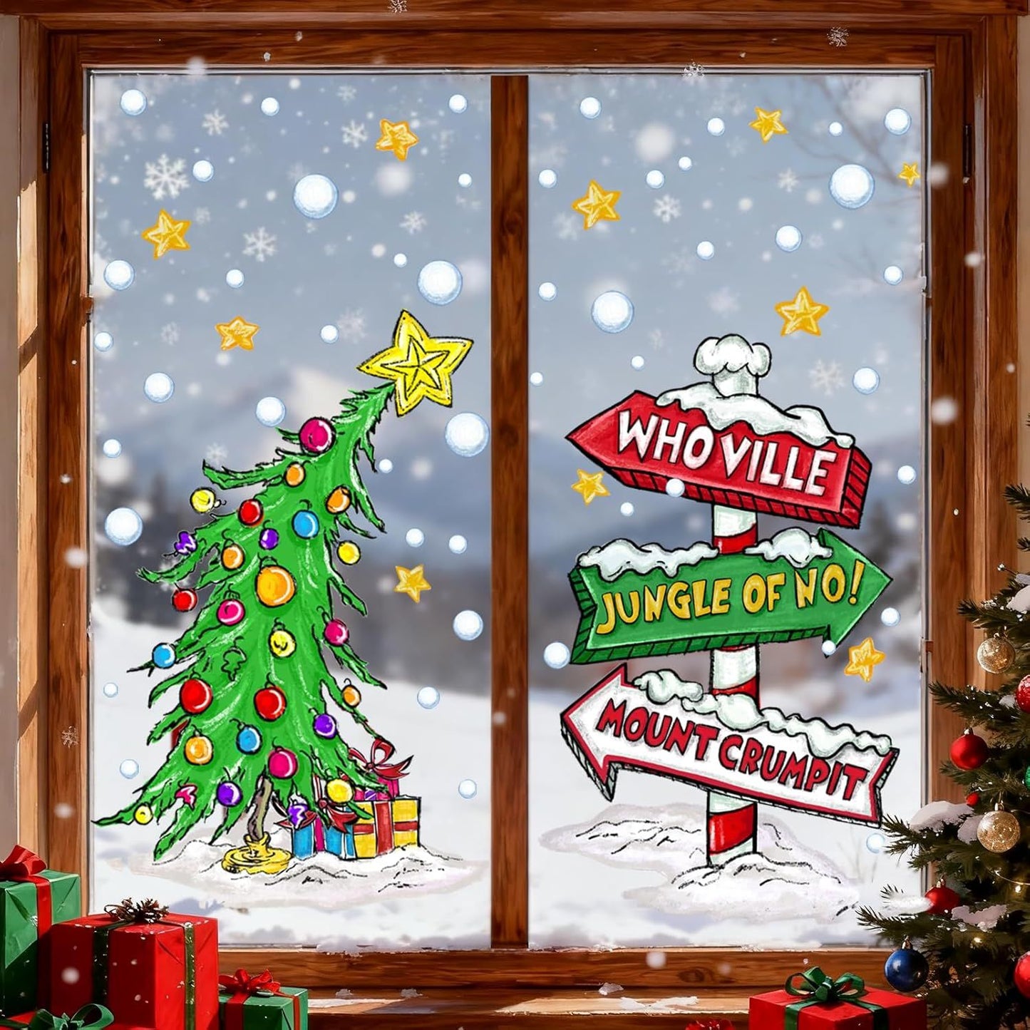 Christmas Window Clings Decorations,Extra Large Reusable Decals Rustic Curved Christmas Tree Arrow Yard Sign Stickers for Xmas Winter Holiday Home Office Party Glass Decor