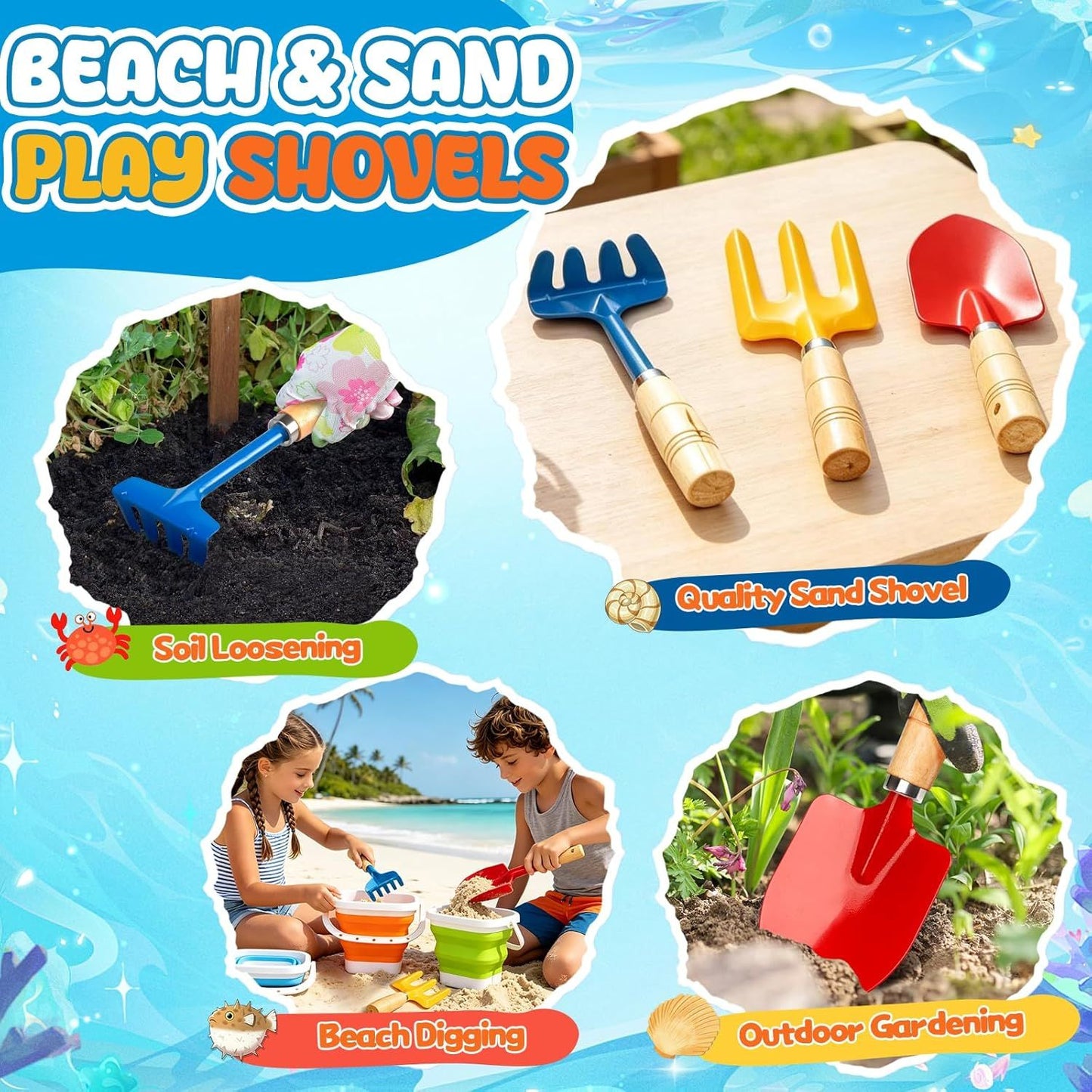 Collapsible Beach Bucket with Metal Shovels Set, Beach Toys Gifts for Adults, ABS Foldable Pails for Pool, Camping, Easter Party, Fishing, Summer Winter Activities 6PCS