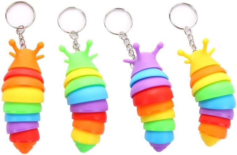 4 PCS Mini Fidget Slug Key-Chain Toys,3D Articulated Stretch Caterpillar Sensory Flexible Hand Toy, Ideal Party Favor Colorful Office Desk Pet Toys(Random Color)