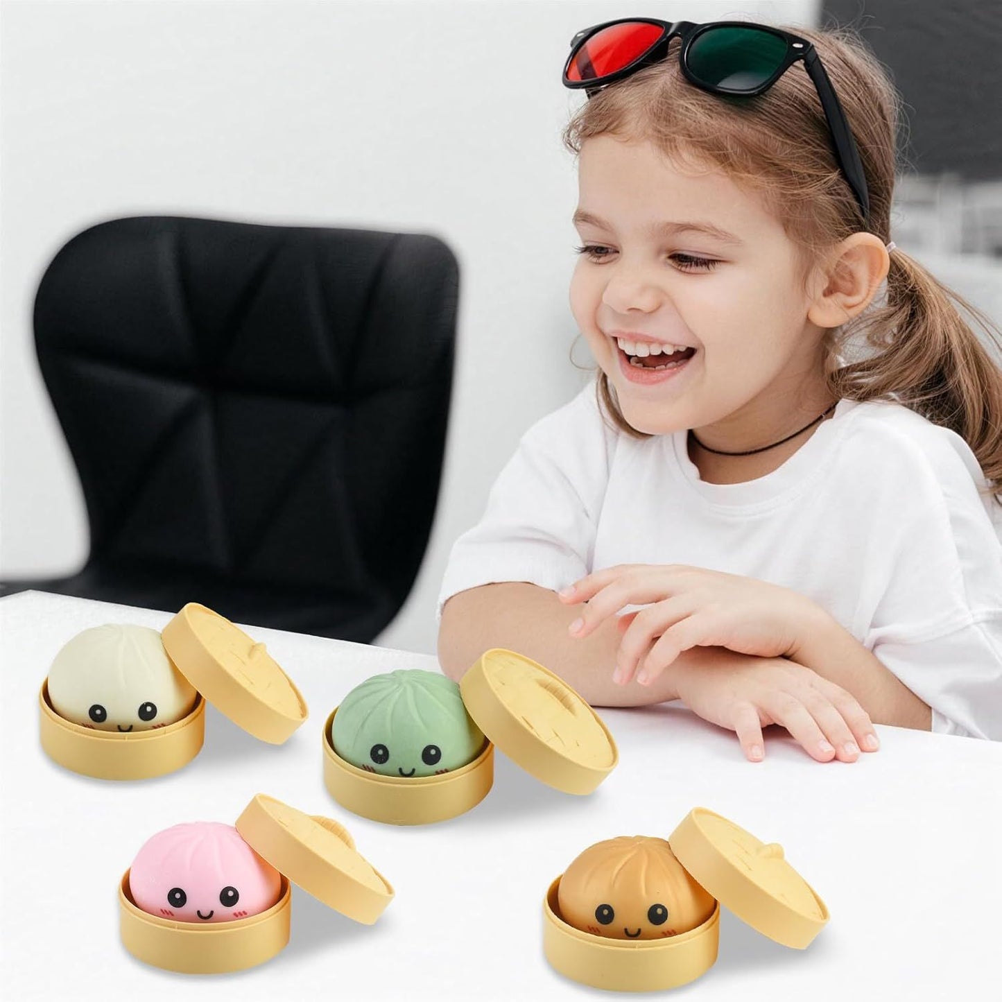 4 PCS Smiling face Colorful Dumpling Stress Balls Fidget Sensory Toy,Squeeze Dough Ball Stress Relief Hand Toy,Bun with Food Steamer Stretchy Desk Toys