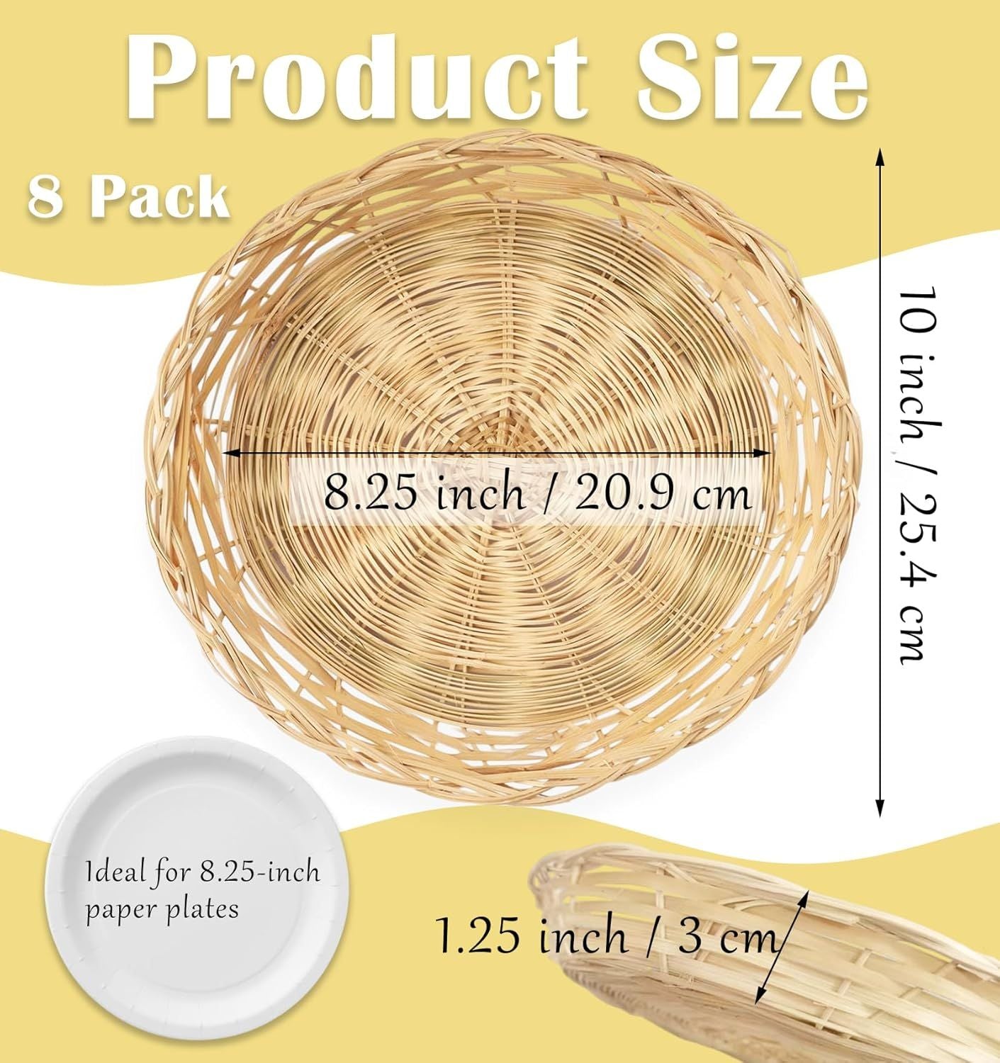8 Pack Bamboo Paper Plate Holders, 10 Inches Reusable Wicker Charger Plates for Dinner Plates Natural Hand Woven Wicker Paper Plate Baskets for Home Party Daily Dinning Picnic