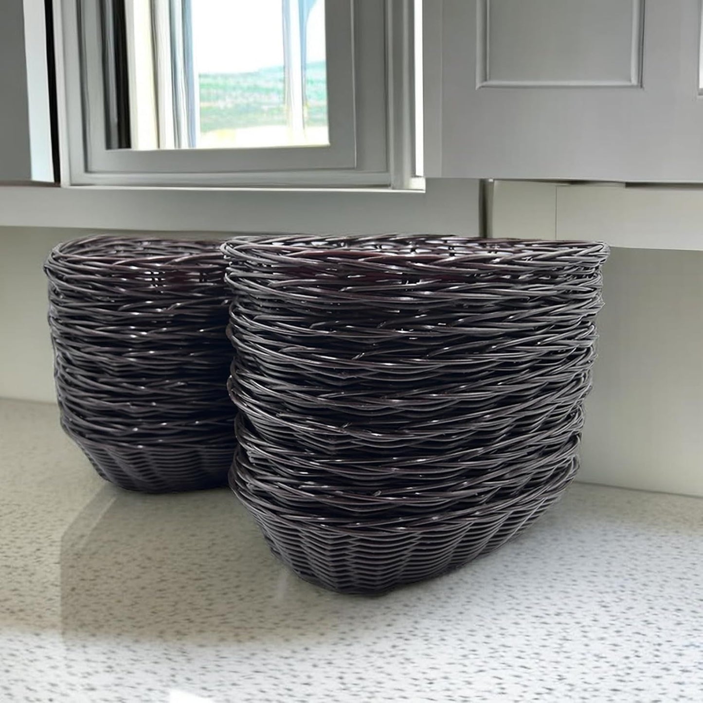 12 Pack Plastic Oval Basket, 8.6 X 6.3 X 2.1 Inch Woven Bread Baskets for Serving Small Empty Gift Baskets, Imitation Rattan Basket for Kitchen Restaurant Centerpiece Display - Dark Brown