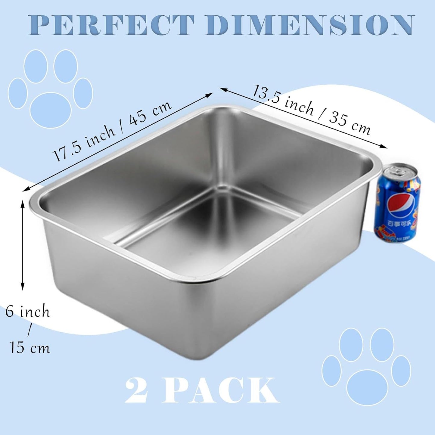 2 Pack Stainless Steel Cat Litter Box - High Side Metal Cats Toilet Large Rust Proof Litter Pan with Non Stick Smooth Surface for Cats, Kitten, Rabbits, 17.5 X 13.5 X 6 Inches