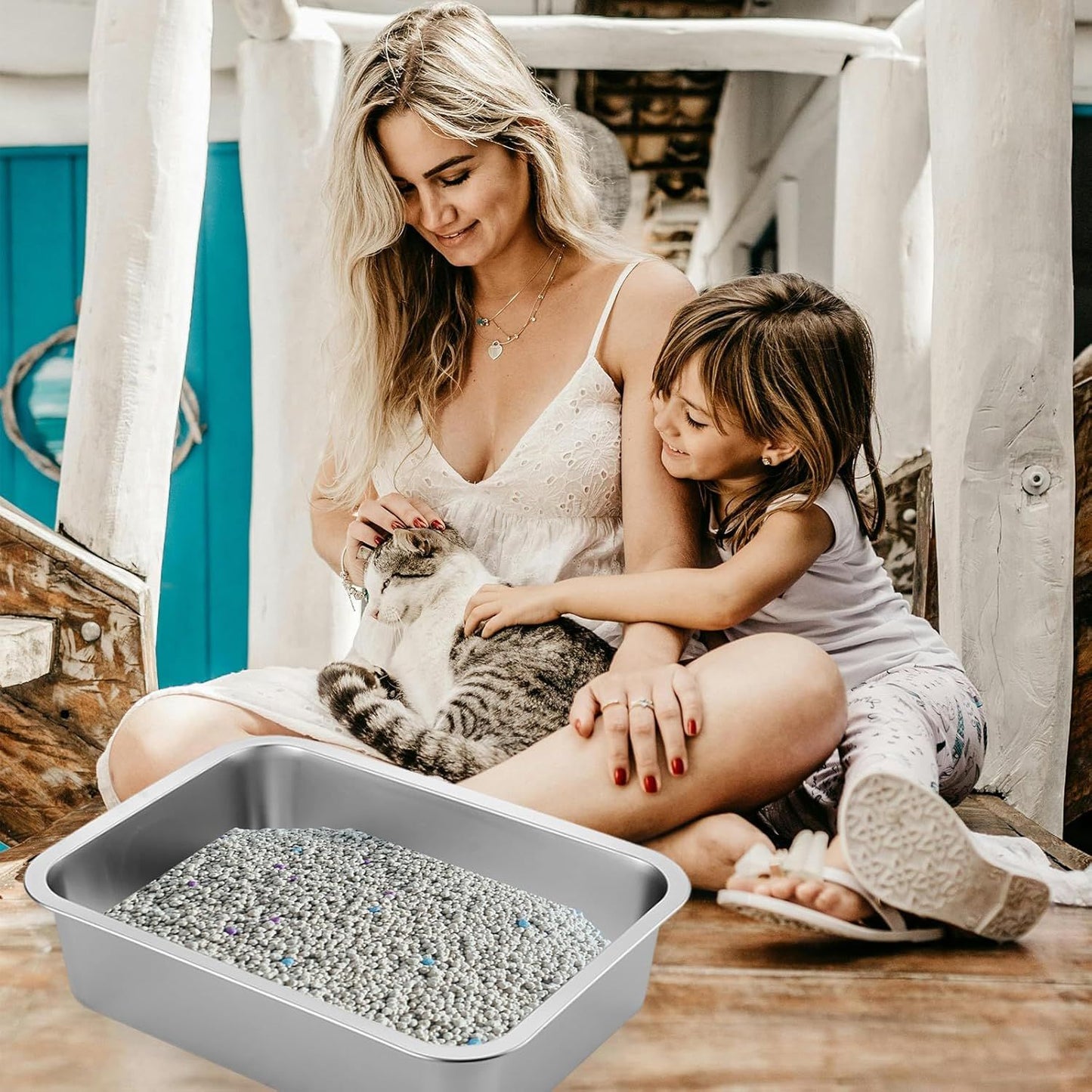 2 Pack Stainless Steel Cat Litter Box - High Side Metal Cats Toilet Large Rust Proof Litter Pan with Non Stick Smooth Surface for Cats, Kitten, Rabbits, 17.5 X 13.5 X 6 Inches