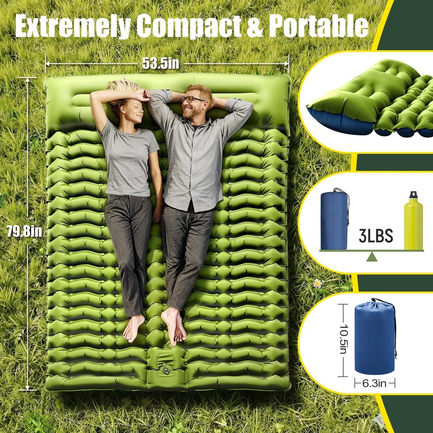 Double Sleeping Pad - Self Inflating 4" Extra-Thick for 2 Person with Pillow Built-in Foot Pump Inflatable Sleeping Mat for Backpacking, Hiking, Traveling, Tent, Portable Camping Mat