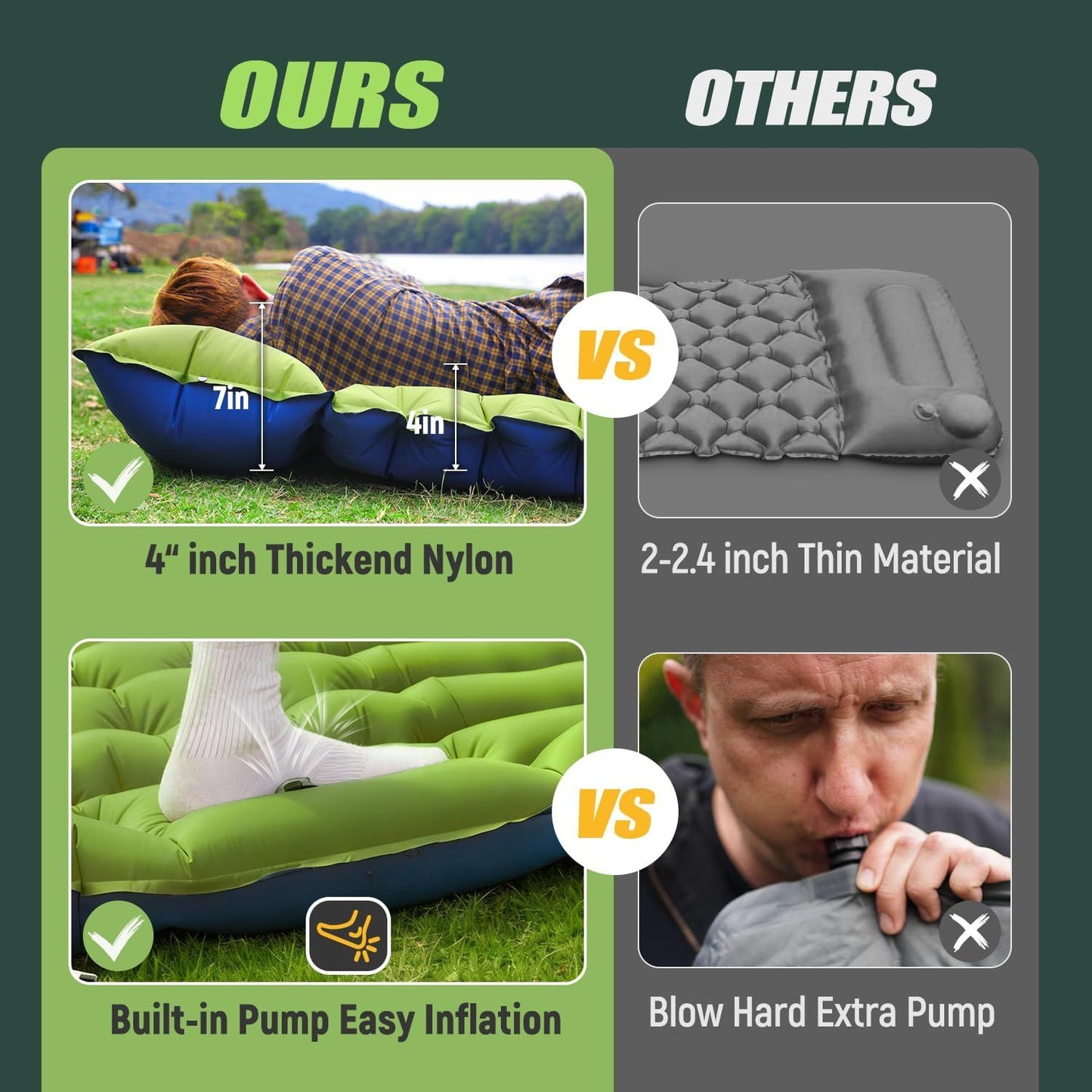 Double Sleeping Pad - Self Inflating 4" Extra-Thick for 2 Person with Pillow Built-in Foot Pump Inflatable Sleeping Mat for Backpacking, Hiking, Traveling, Tent, Portable Camping Mat