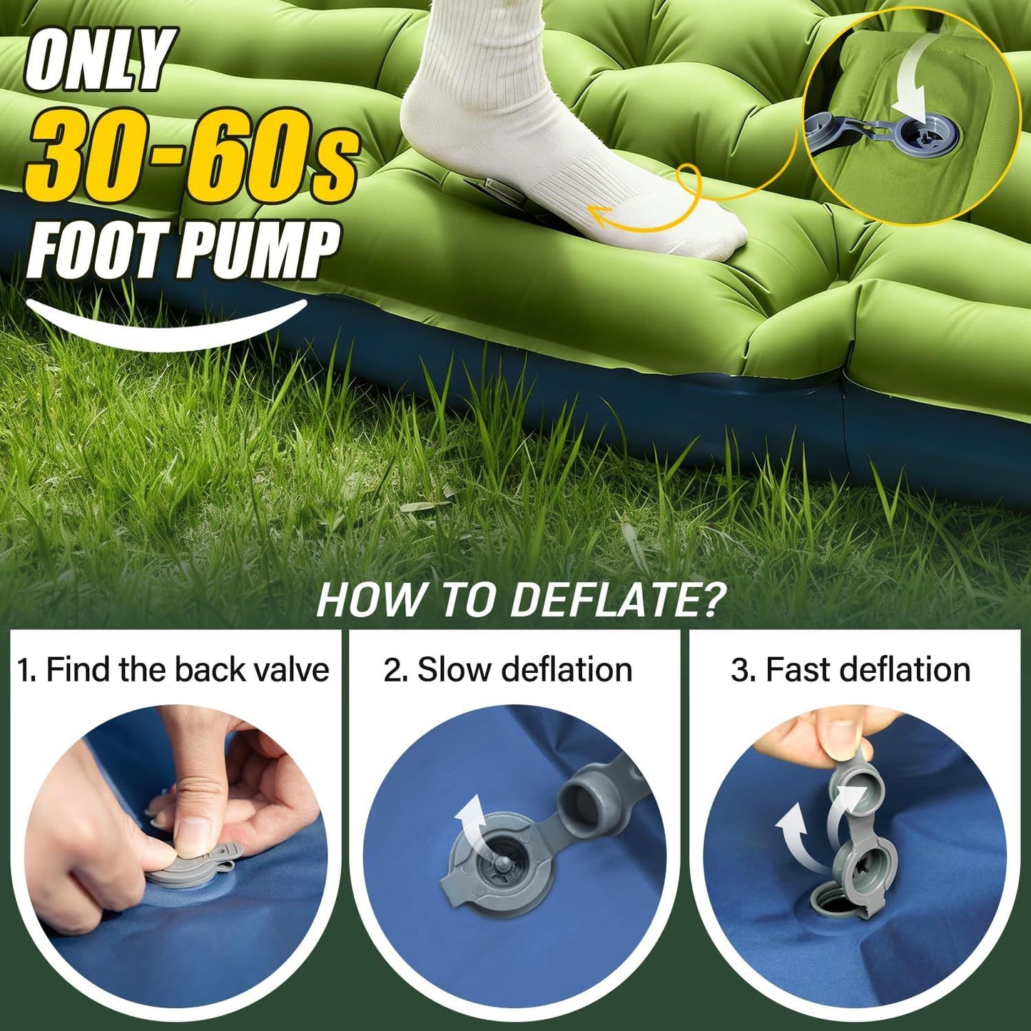 Double Sleeping Pad - Self Inflating 4" Extra-Thick for 2 Person with Pillow Built-in Foot Pump Inflatable Sleeping Mat for Backpacking, Hiking, Traveling, Tent, Portable Camping Mat
