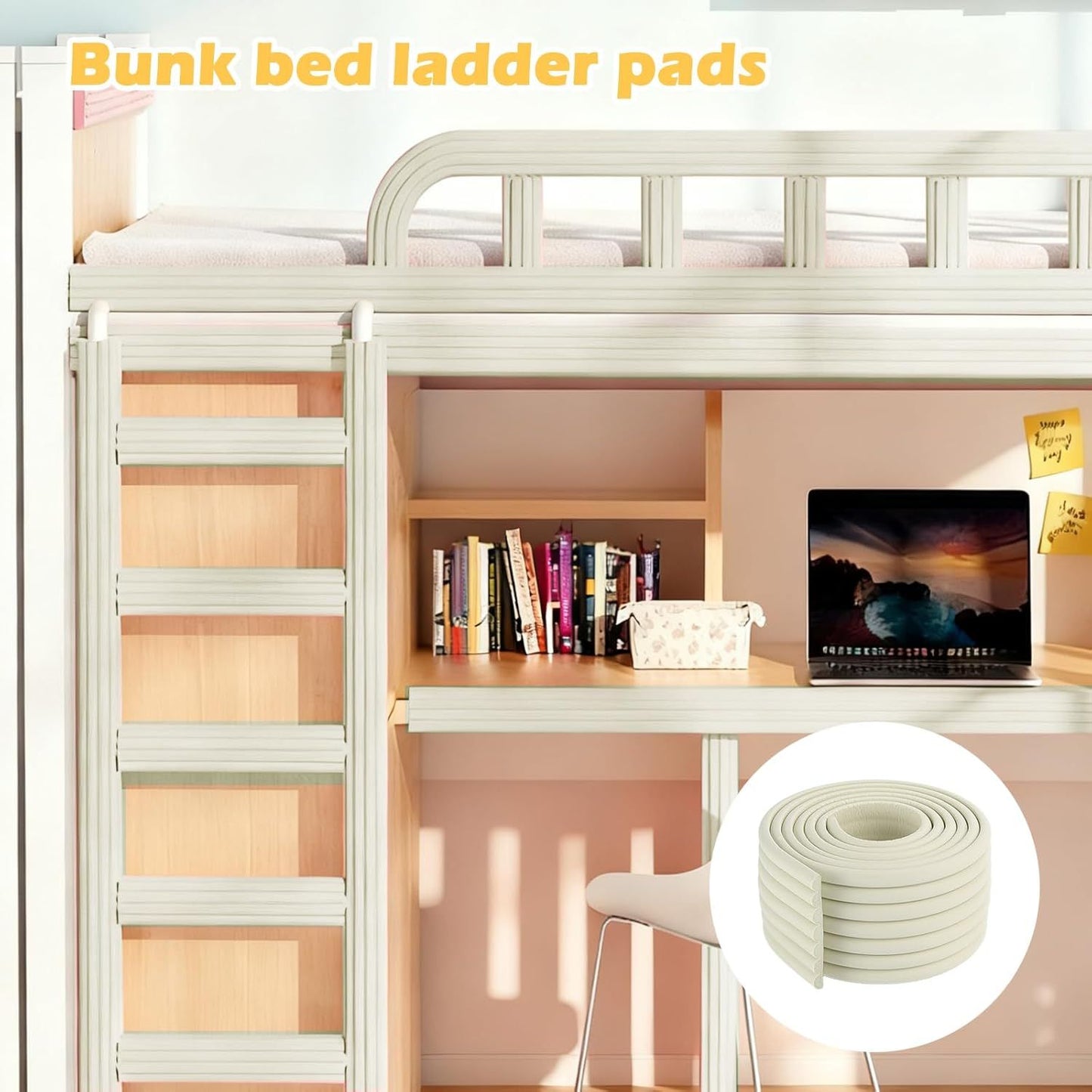 Soft Bunk Bed Ladder Pads with Cutter – Foam Step Padding & Ladder Cover for Kids’ Loft Beds, Dorm Ladders, Stairs & Edges, Easy-Cut Protective Pads for Comfortable Climbing and Home Safety (White)
