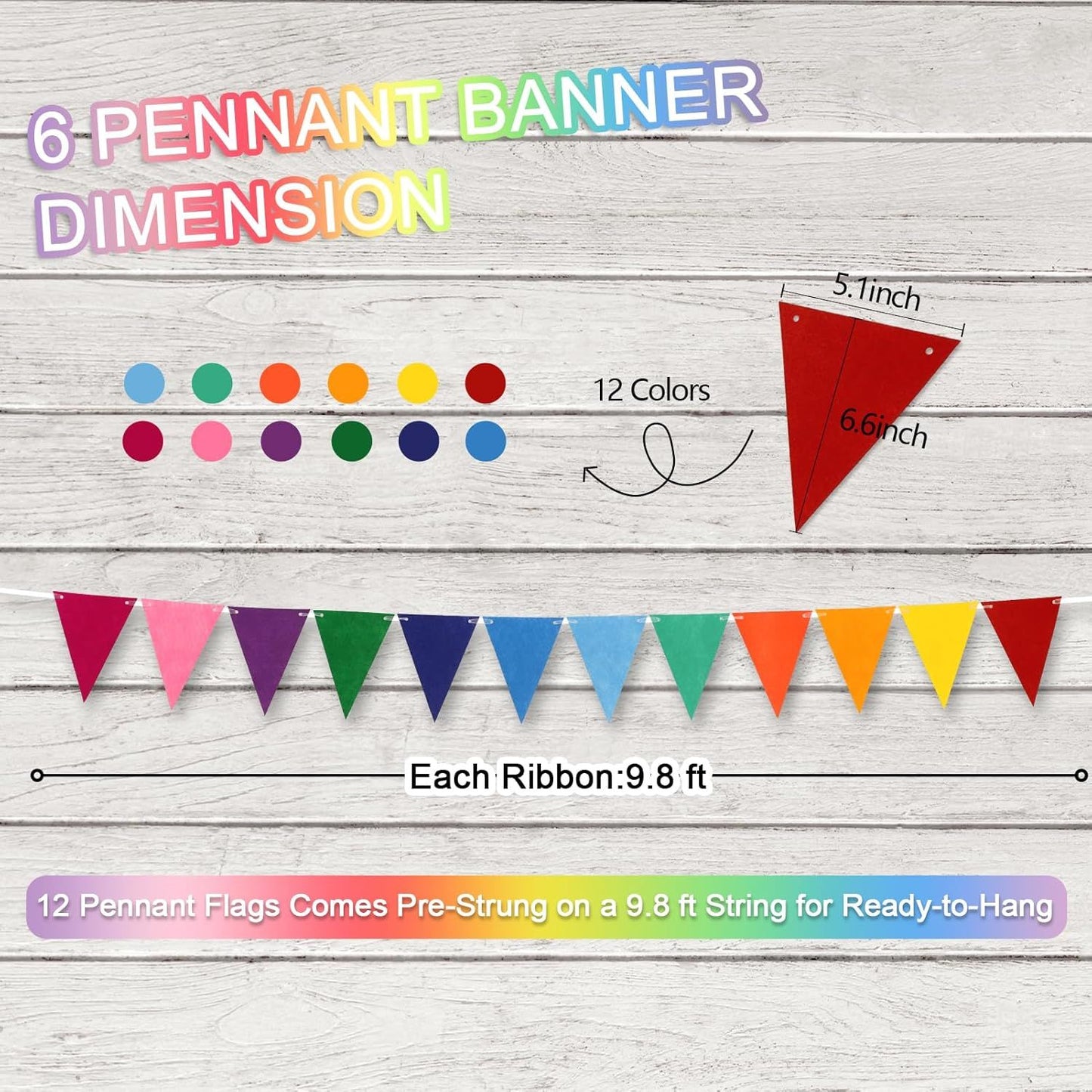 Pennant Banner Flags - 6-Pack Pre-Strung Rainbow Party Garland | Felt Triangle Bunting for Birthdays, Baby Showers, Weddings, Pride, Carnival and Festival Decorations