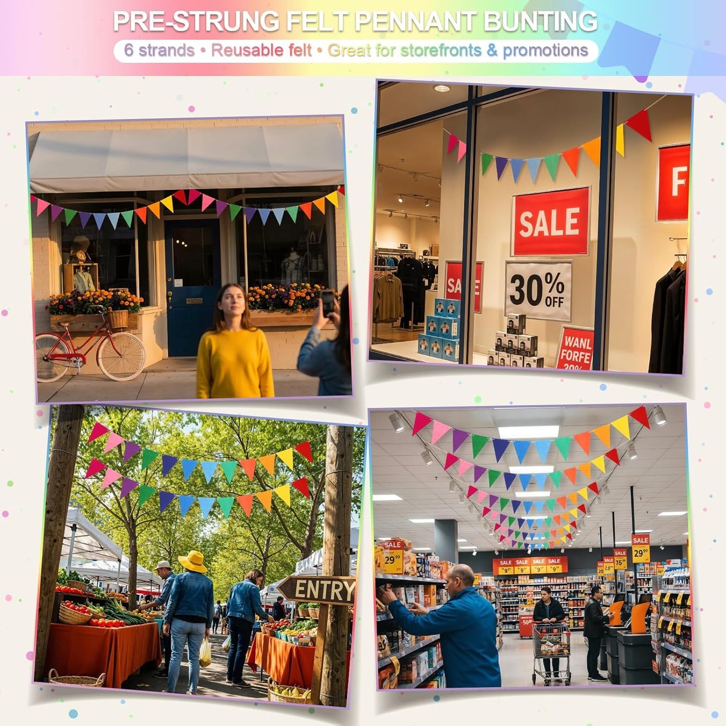 Pennant Banner Flags - 6-Pack Pre-Strung Rainbow Party Garland | Felt Triangle Bunting for Birthdays, Baby Showers, Weddings, Pride, Carnival and Festival Decorations