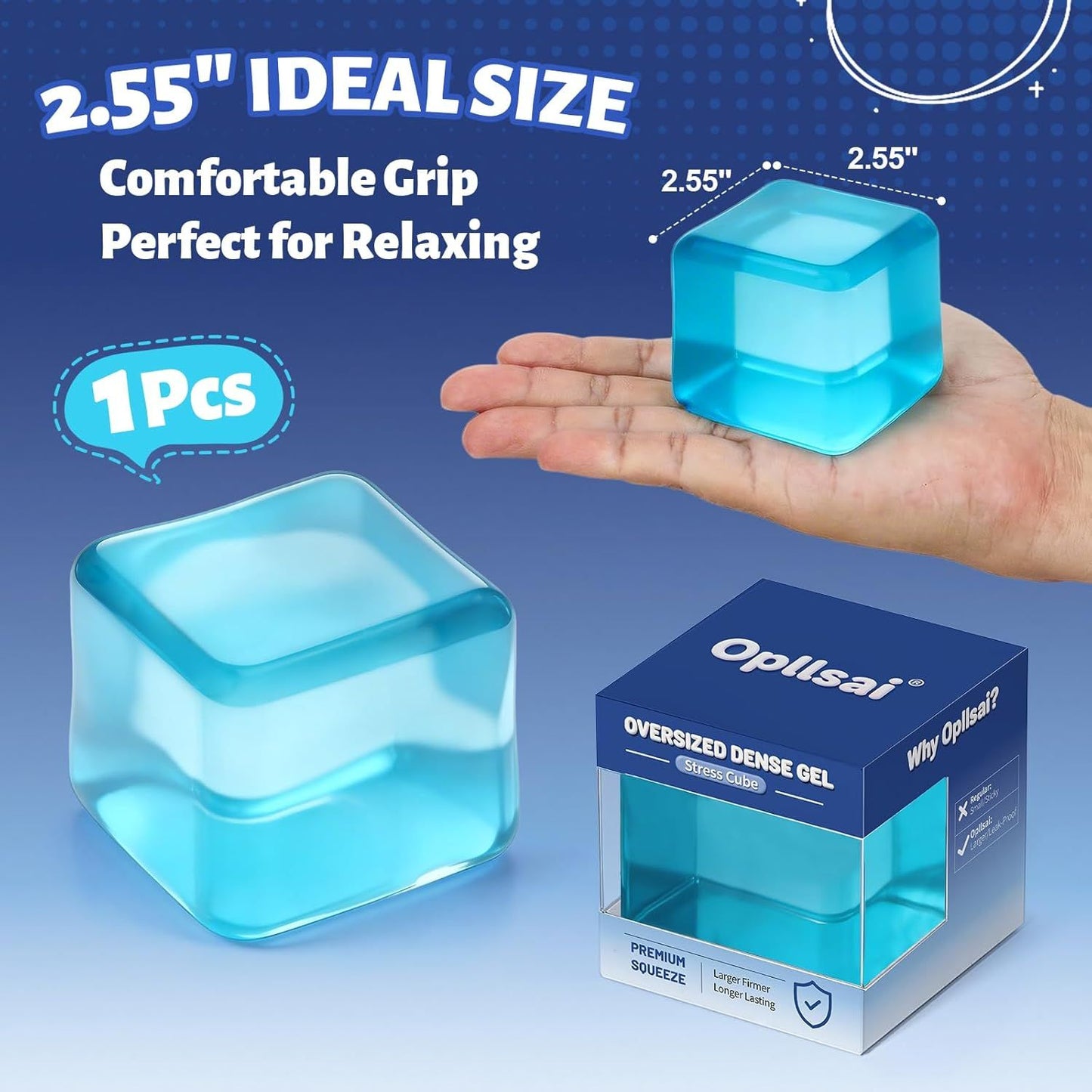 Oversized Dense Gel Stress Cube (2.55") - Anxiety Relief Fidget Toy - Larger, Firmer, Slow-Rise - Dual-Reinforced Leak-Proof Design - Premium Sensory Gift for Adults & Teens