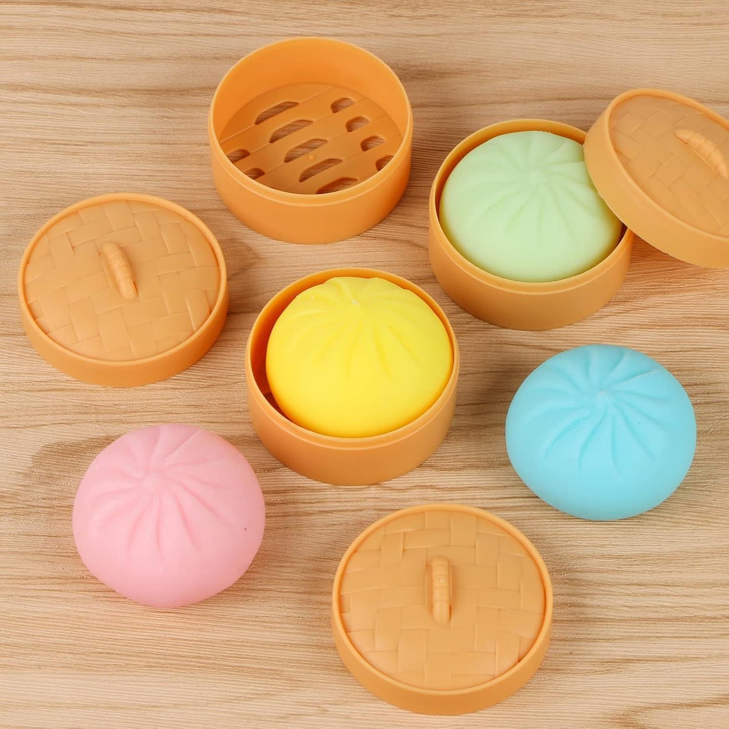 4 PCS Colorful Dumpling Stress Balls Fidget Sensory Toy,Squeeze Dough Ball Stress Relief Hand Toy,Bun with Food Steamer Stretchy Desk Toys