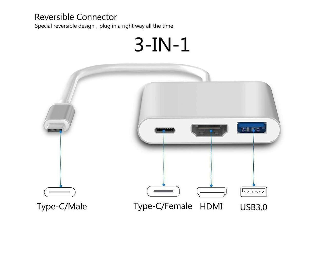 3 in 1 Portable Type-C Male to USB-C USB 3.0 4K HDMI-compatible Female Hub Adapter Cable Grey