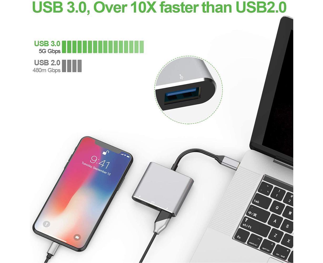 3 in 1 Portable Type-C Male to USB-C USB 3.0 4K HDMI-compatible Female Hub Adapter Cable Grey