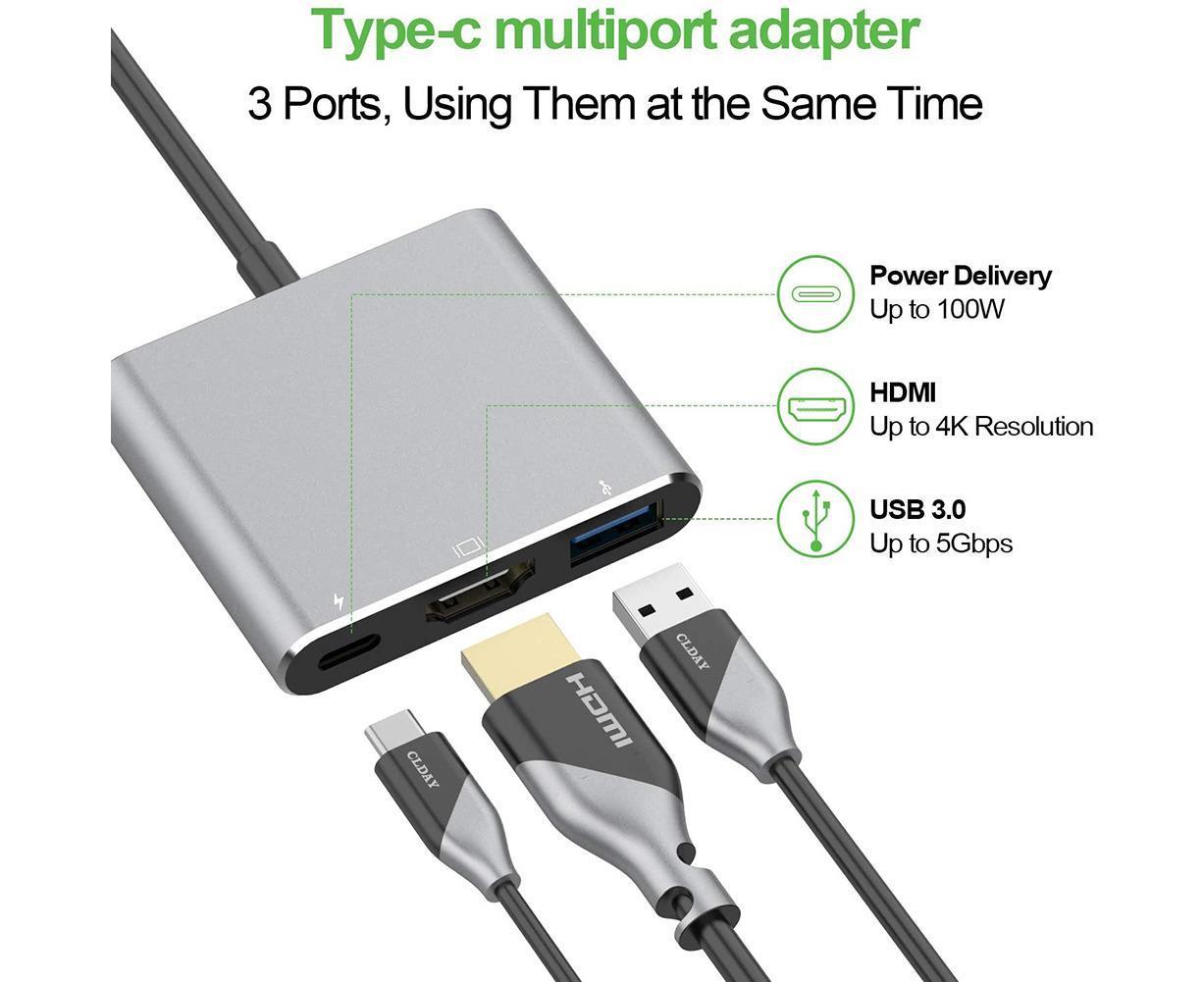 3 in 1 Portable Type-C Male to USB-C USB 3.0 4K HDMI-compatible Female Hub Adapter Cable Grey