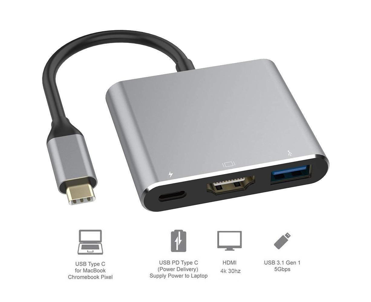 3 in 1 Portable Type-C Male to USB-C USB 3.0 4K HDMI-compatible Female Hub Adapter Cable Grey