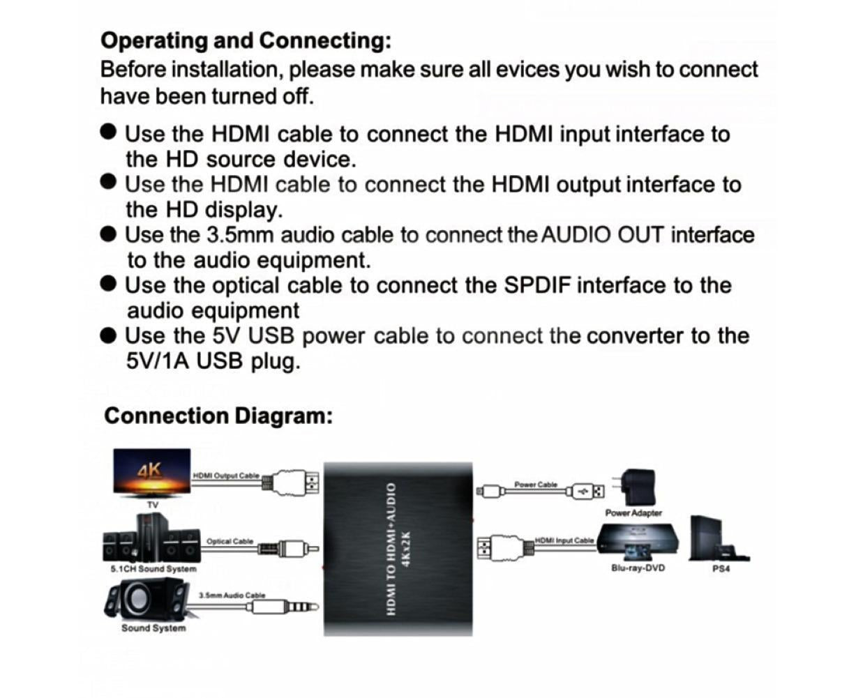4K HDMI-compatible to HDMI-compatible Optical SPDIF 3.5mm Audio Extractor Converter Splitter Adapter Black
