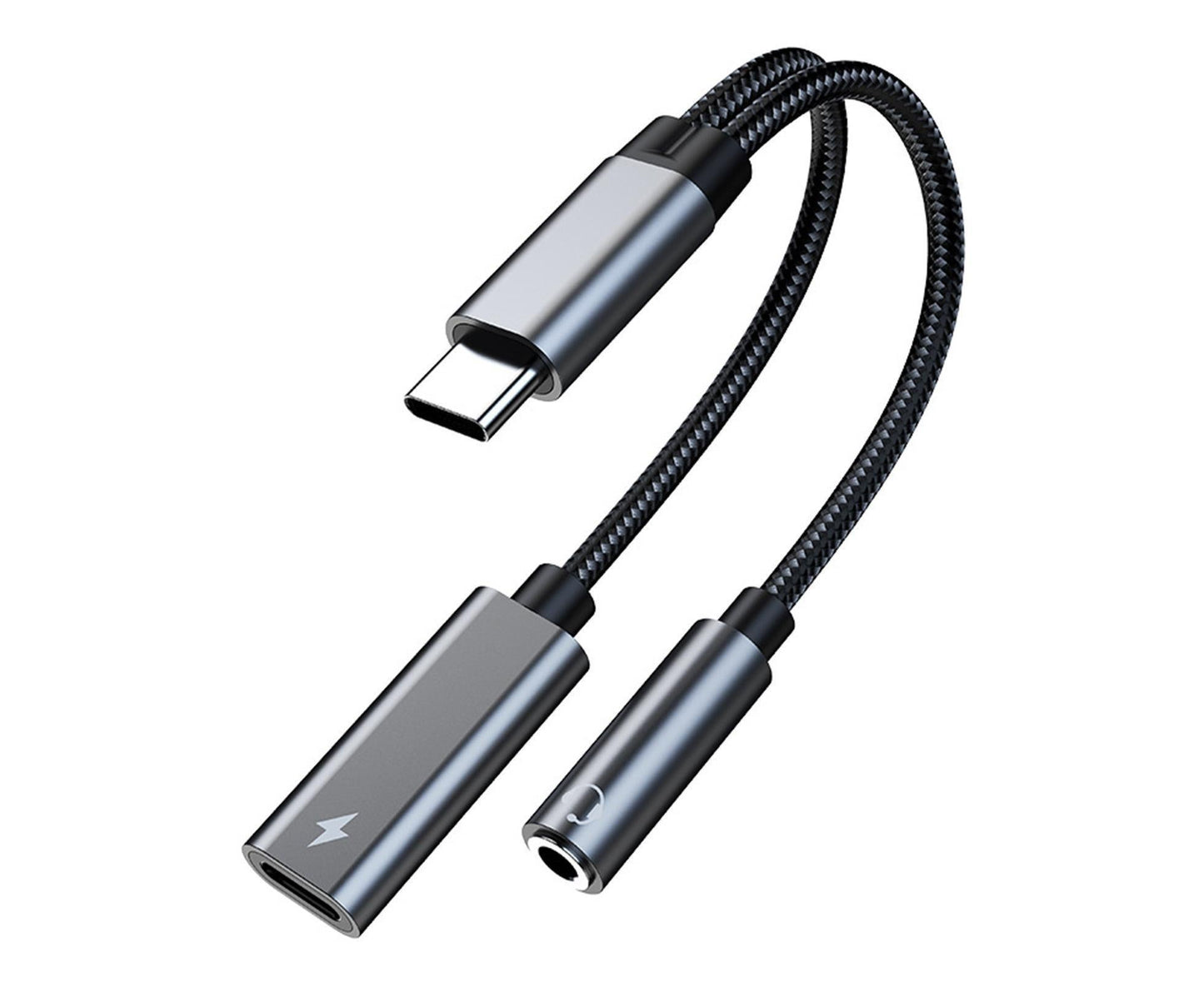 Converter Cable Multifunctional Noise Reduction Braided 2 in 1 Type-C to 3.5mm PD60W Converter Wire for Smartphone Silver Gray