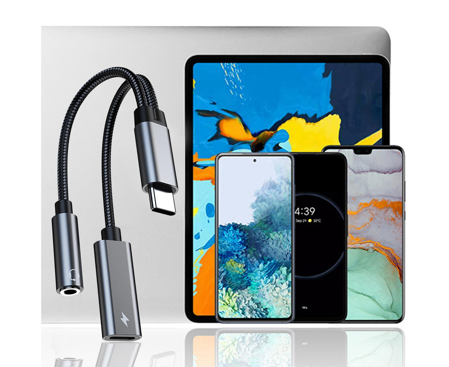 Converter Cable Multifunctional Noise Reduction Braided 2 in 1 Type-C to 3.5mm PD60W Converter Wire for Smartphone Silver Gray
