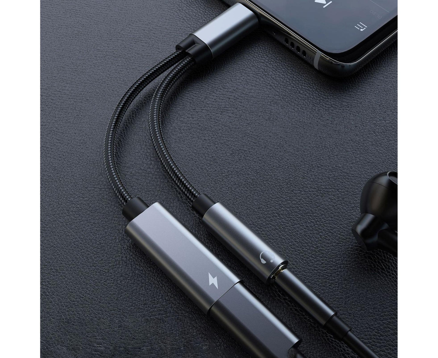 Converter Cable Multifunctional Noise Reduction Braided 2 in 1 Type-C to 3.5mm PD60W Converter Wire for Smartphone Silver Gray
