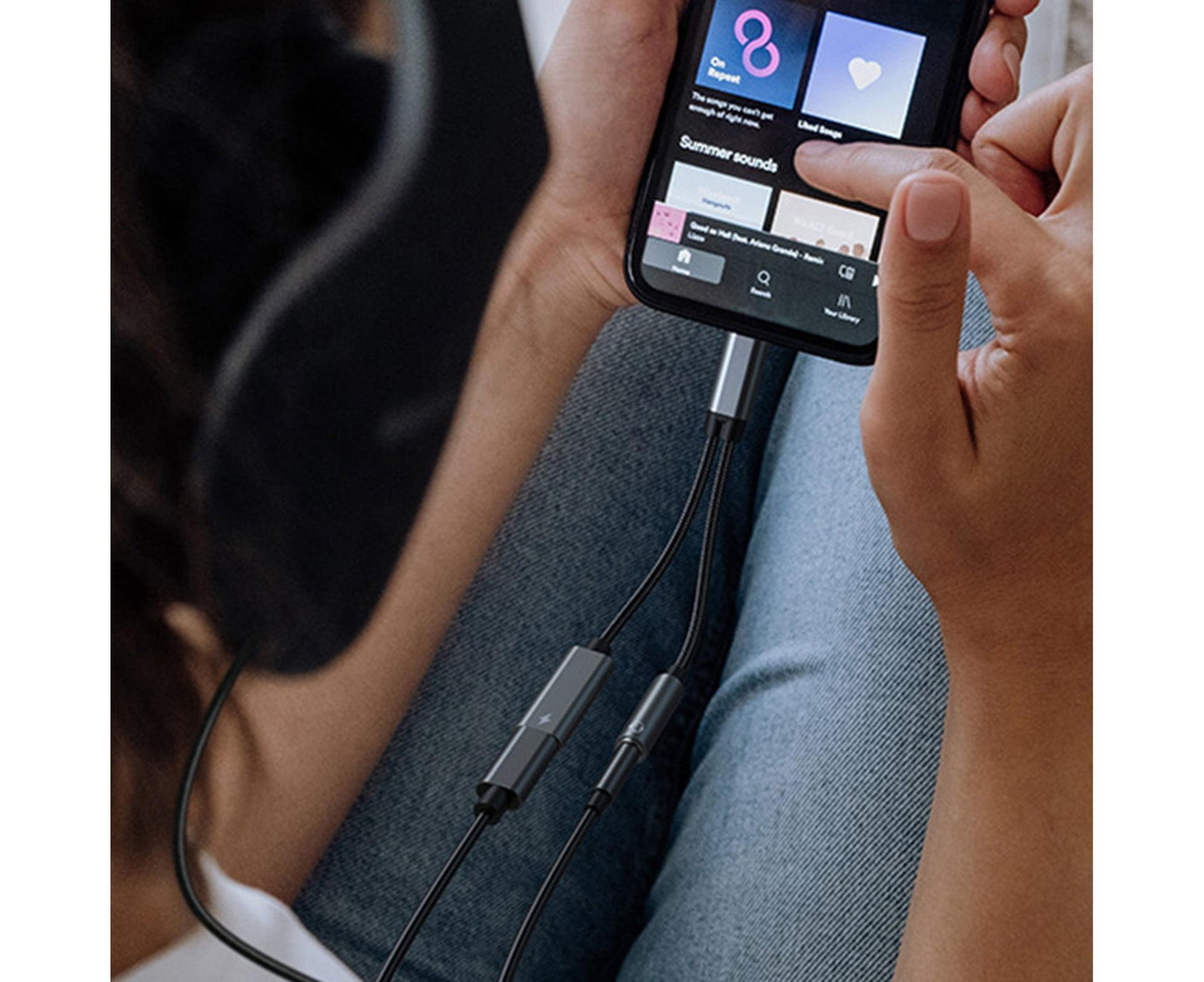 Converter Cable Multifunctional Noise Reduction Braided 2 in 1 Type-C to 3.5mm PD60W Converter Wire for Smartphone Silver Gray