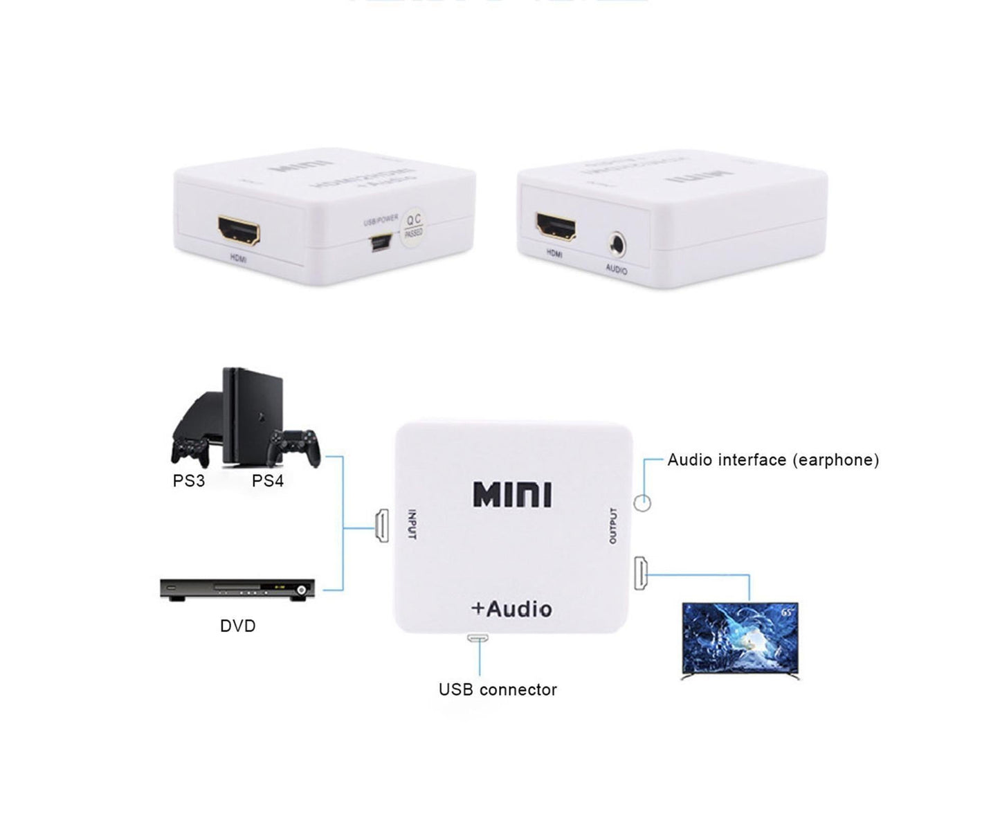 Multifunctional 1080P HDMI-compatible to HDMI-compatible 3.5mm R/L Audio Converter Extractor Splitter White