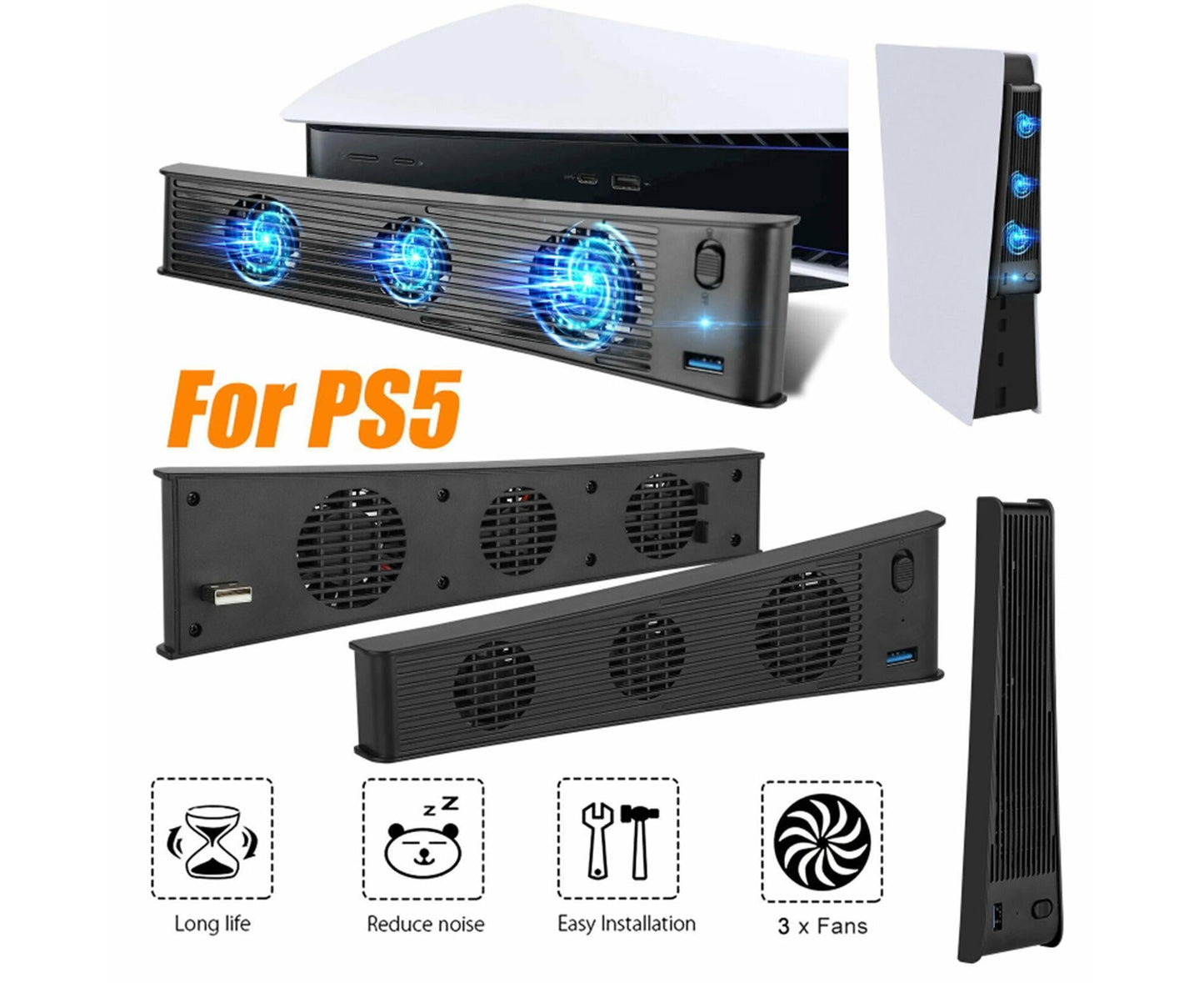 Portable 3 Fans Game Console Cooling Fan Playstation Accessories for PS5 DE/UHD Version Black