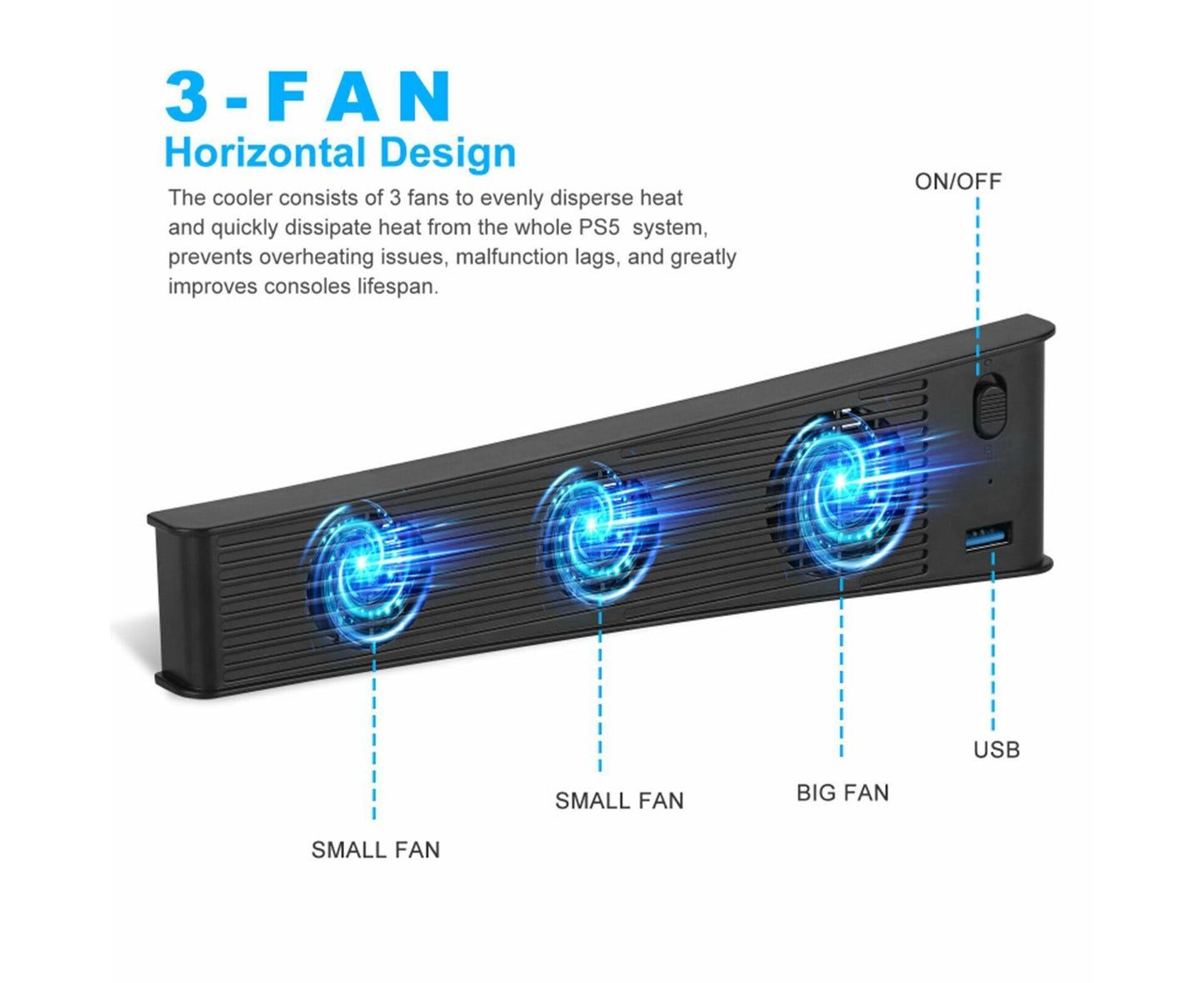 Portable 3 Fans Game Console Cooling Fan Playstation Accessories for PS5 DE/UHD Version Black