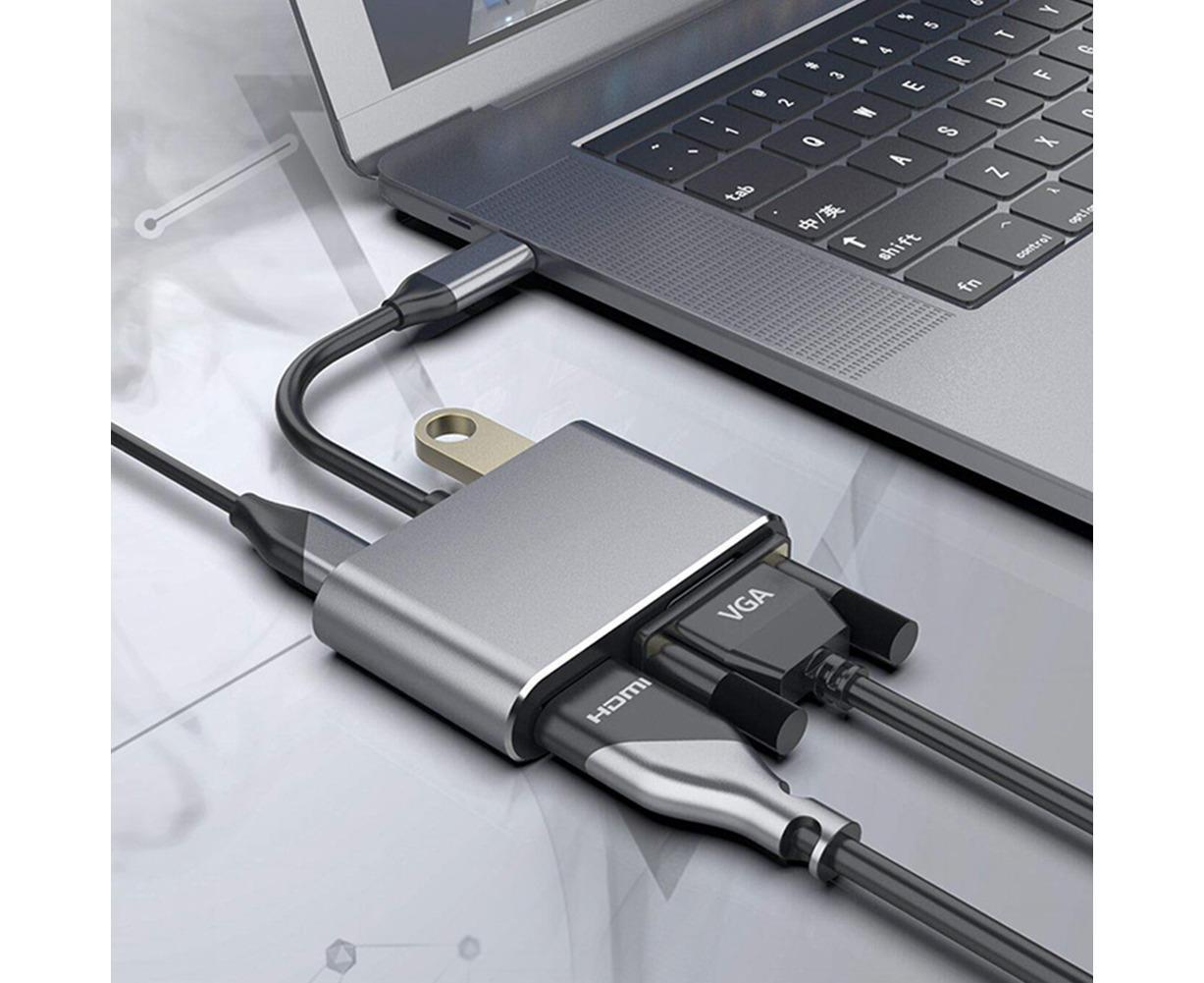 Type C to HDMI-compatible 4K VGA USB3.0 Audio Video Converter Charging Port Hub Adapter Grey