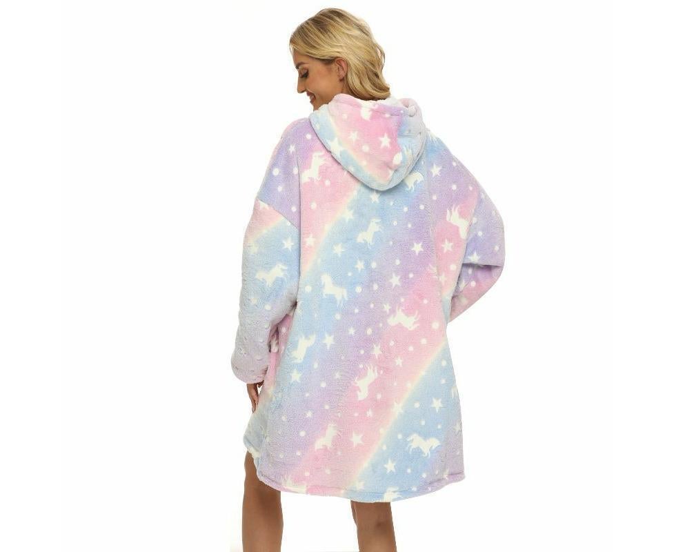 Pink Unicorn Glow in The Dark Oversized Sweatshirt with Pockets Cute Unique Birthday Gift Women Warm Cozy Wearable Blanket
