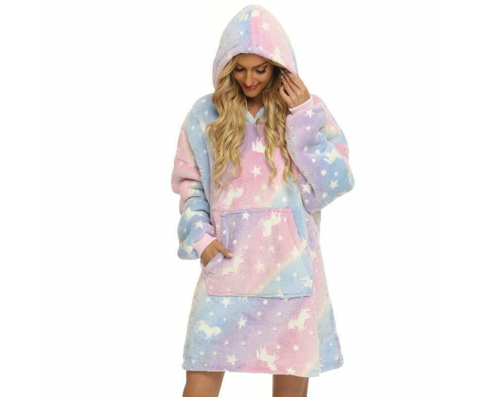 Pink Unicorn Glow in The Dark Oversized Sweatshirt with Pockets Cute Unique Birthday Gift Women Warm Cozy Wearable Blanket