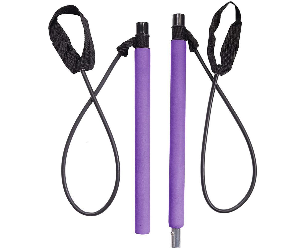 Pilates Exercise Stick Kit,Portable Compact 3-Section Yoga Resistance Bands for Legs and Butt, Pilates Bar with Foot Strap for Full Body Workout - Purple