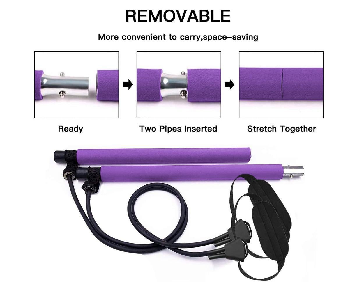 Pilates Exercise Stick Kit,Portable Compact 3-Section Yoga Resistance Bands for Legs and Butt, Pilates Bar with Foot Strap for Full Body Workout - Purple